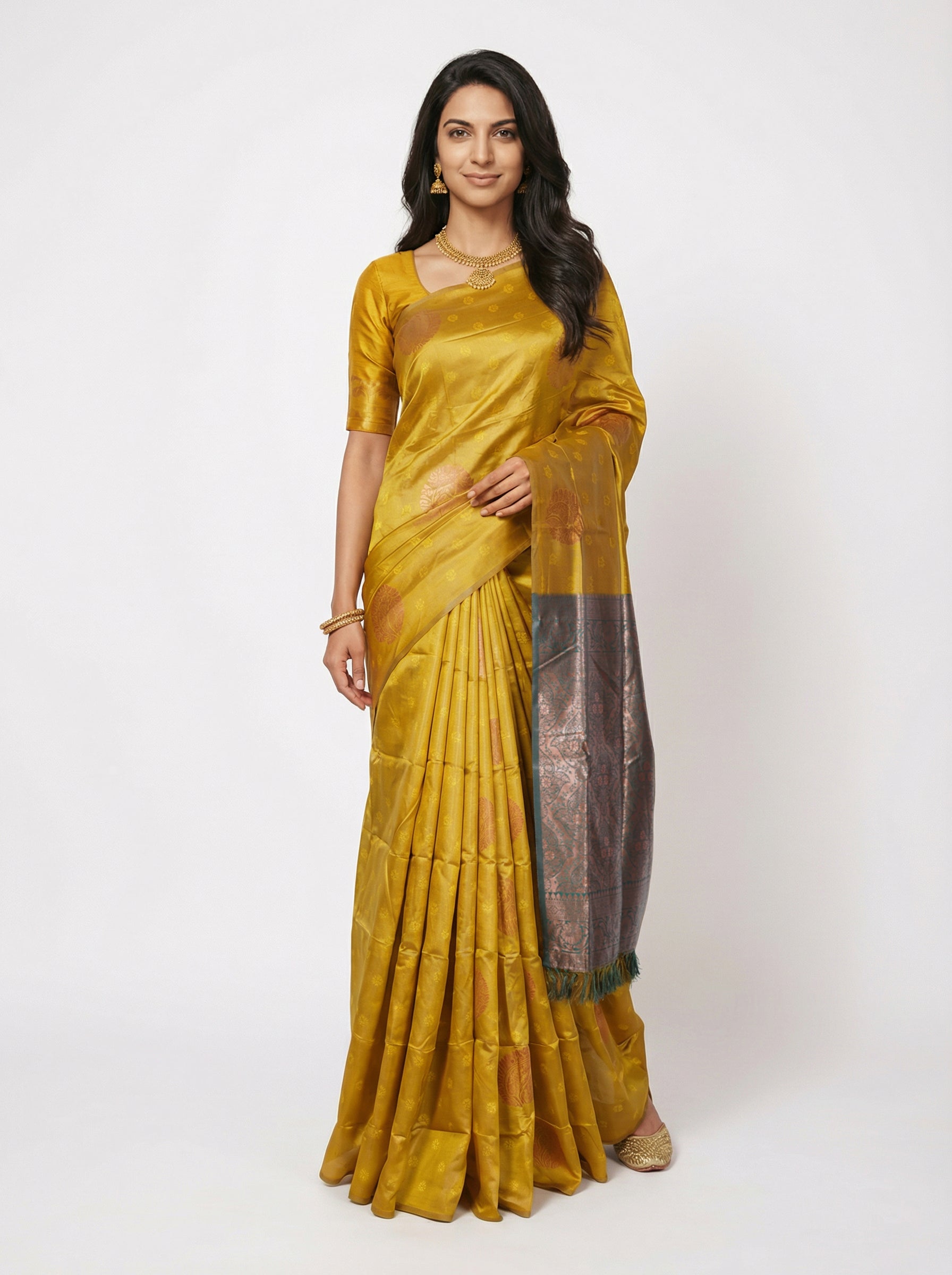 Semi Silk Classic Ochre Yellow Saree with Butta Work