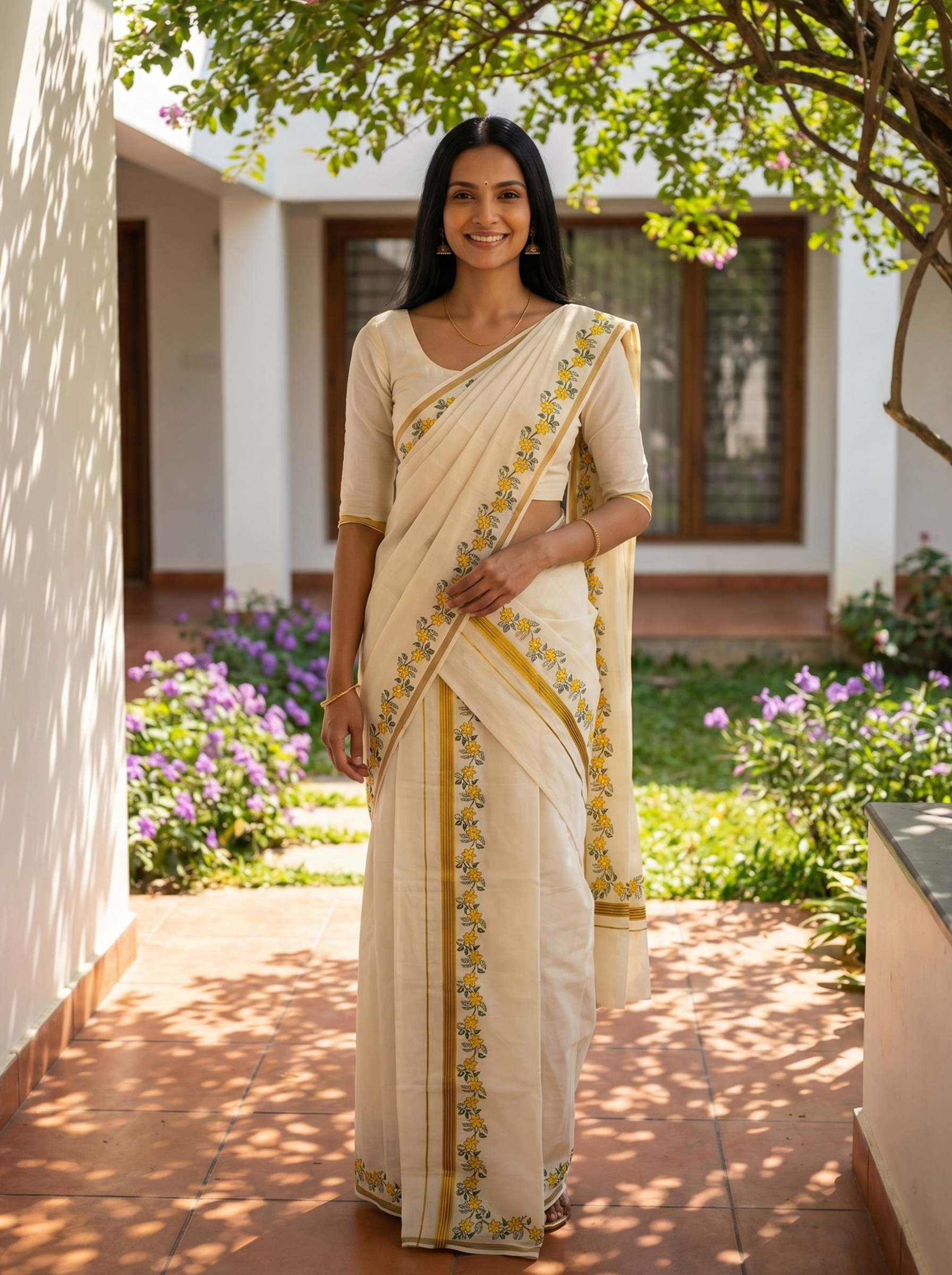 Woman in a cream saree with gold border standing outdoors near a building and garden.