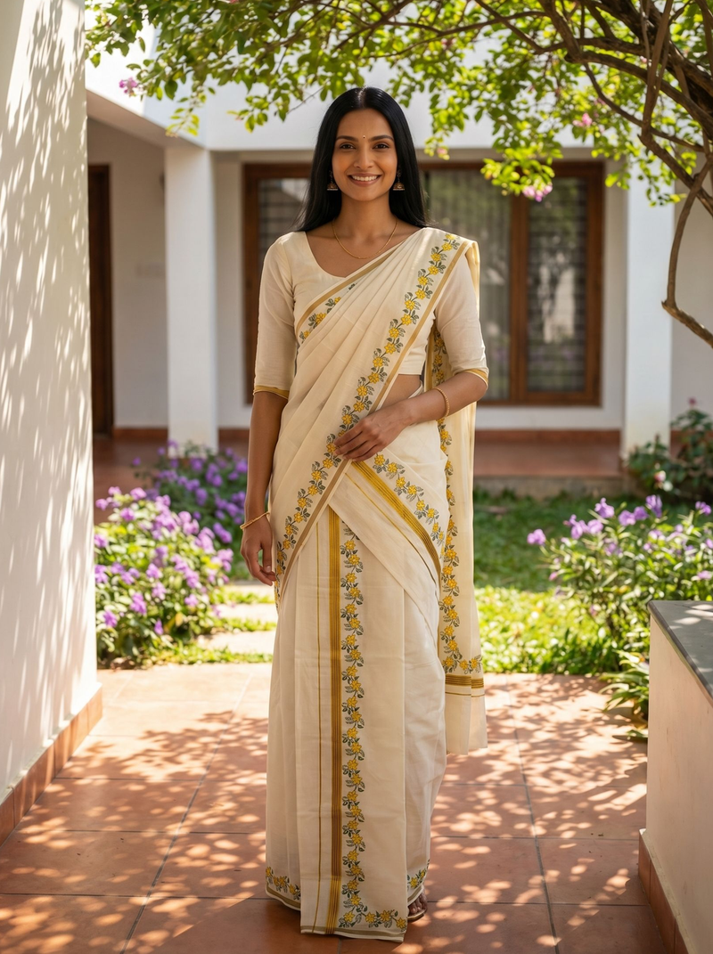 Woman in a cream saree with gold border standing outdoors near a building and garden.