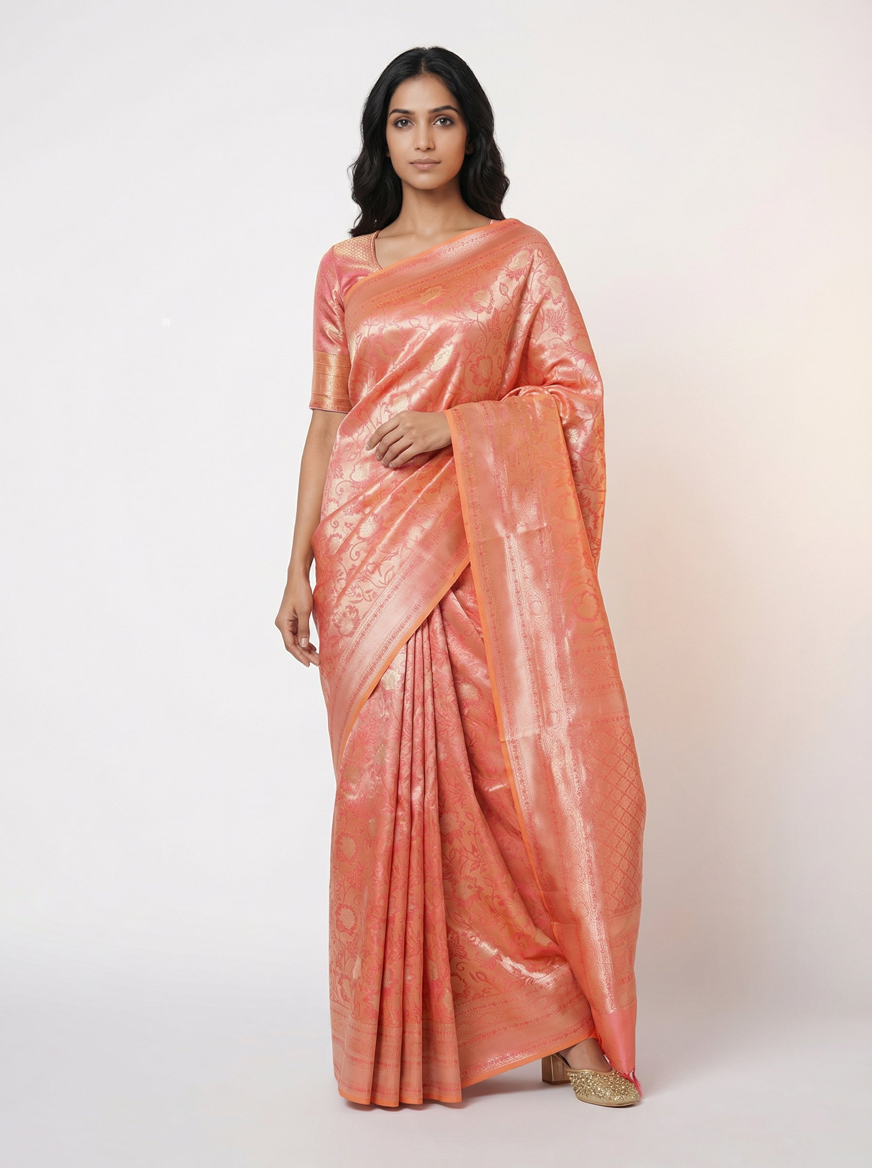 Semi Silk Carrot Peach Elegant Saree