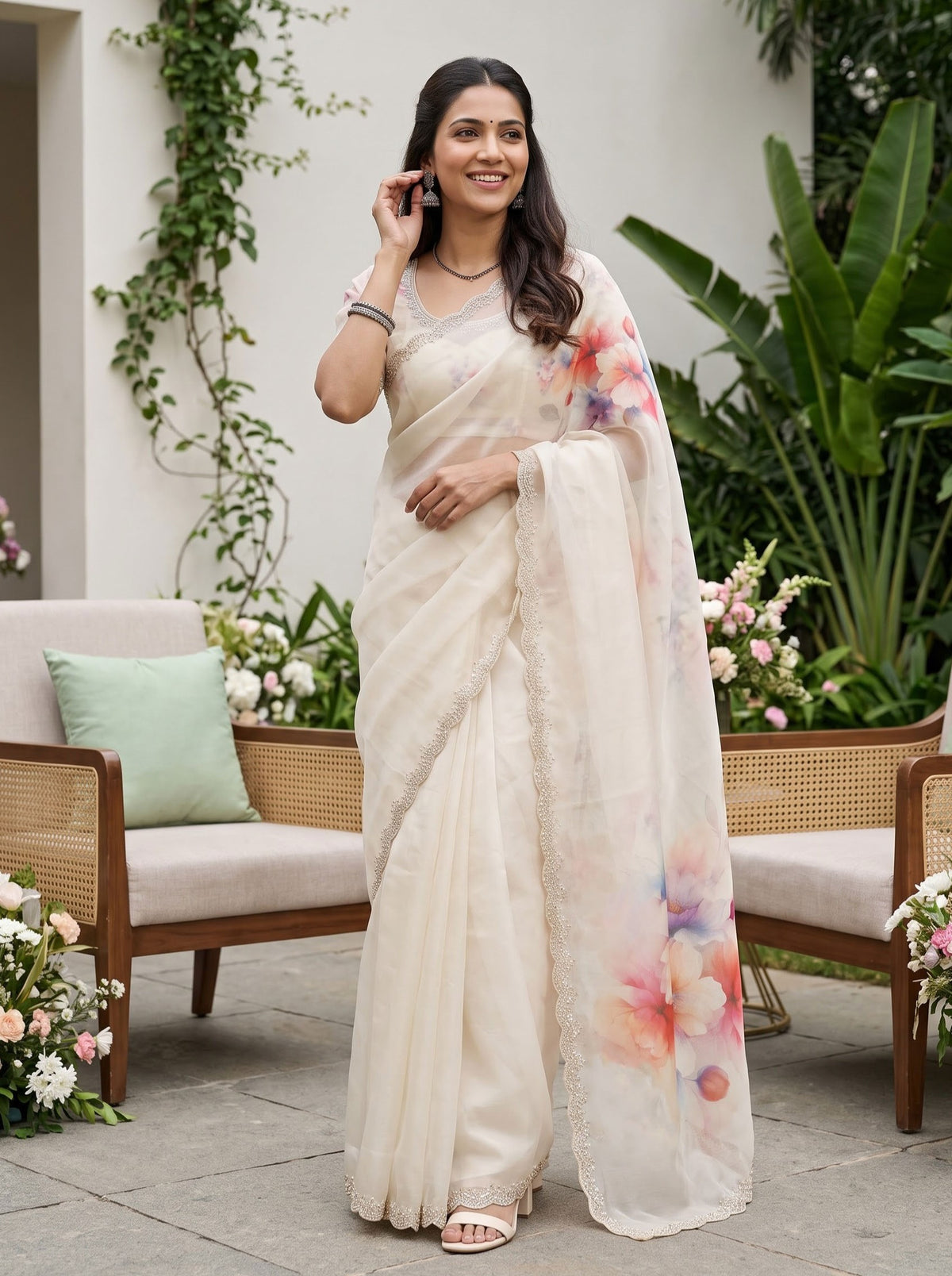Organza Cream Saree with Watercolor Floral Print and Stone Work Scalloped Border