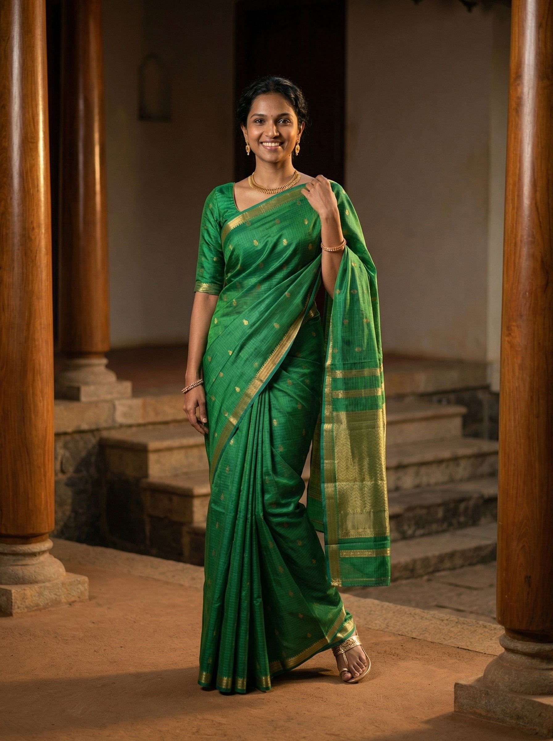 Kanjivaram Pure silk Emerald Green Minimalist Motif Saree