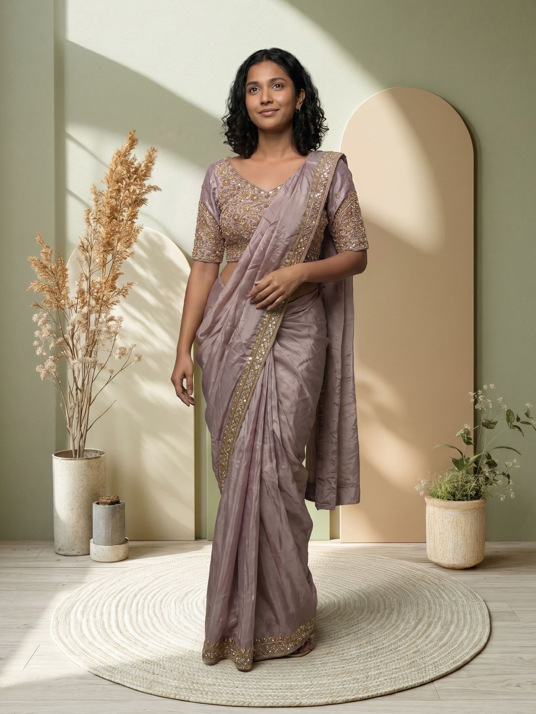 Woman in a saree standing in a well-lit room with plants and a mirror.