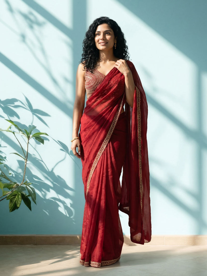 Woman wearing a red saree with a blue wall and plant in the background