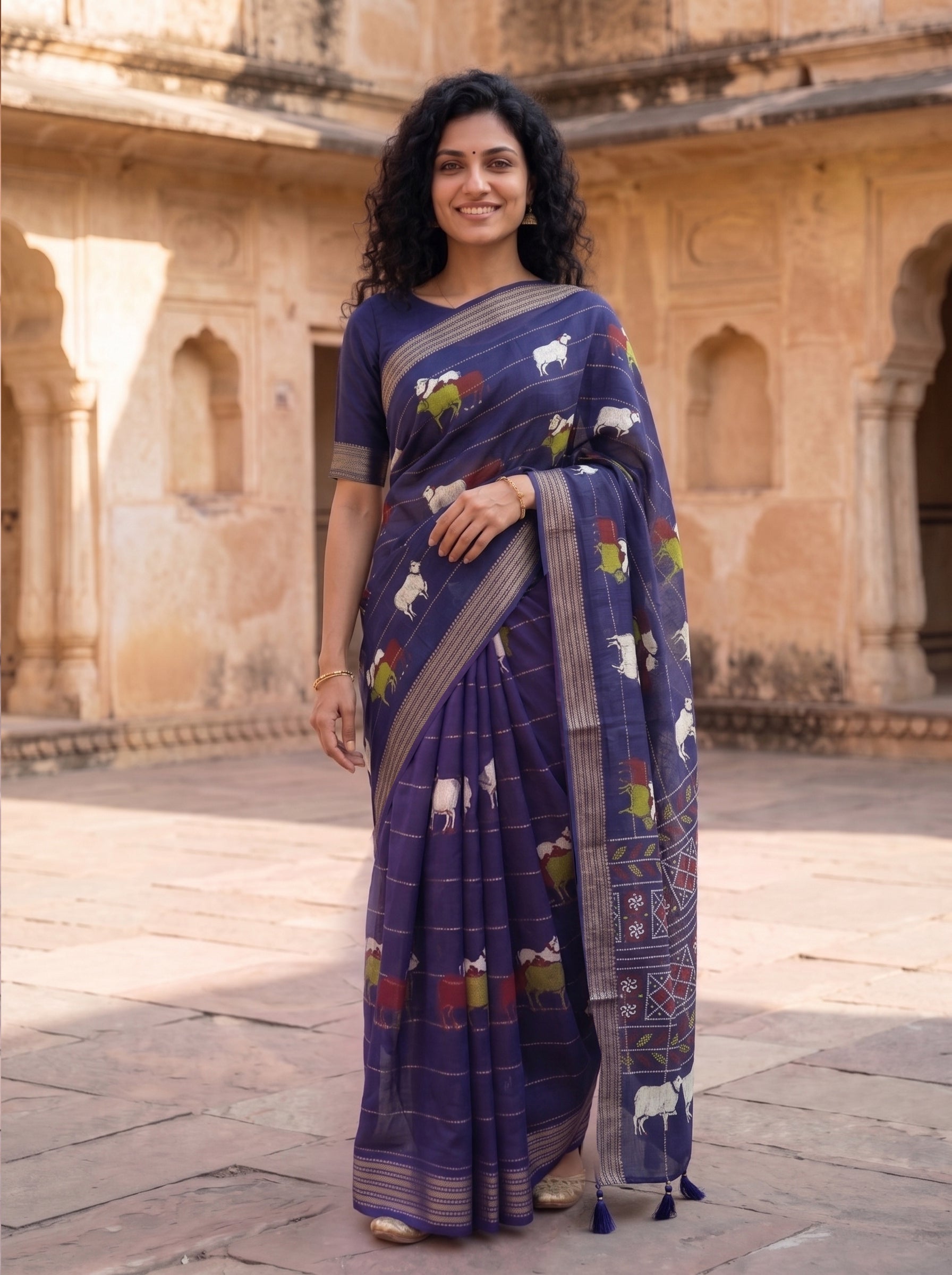 Semi Tussar Navy Blue Animal Motif Saree