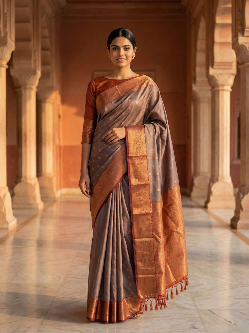 Woman wearing a traditional saree in an architectural setting