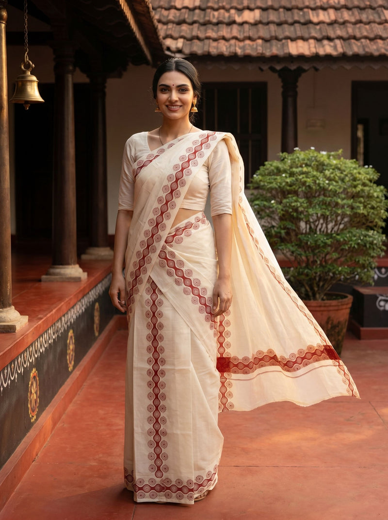 Woman in a traditional white saree with red patterns standing in a courtyard.