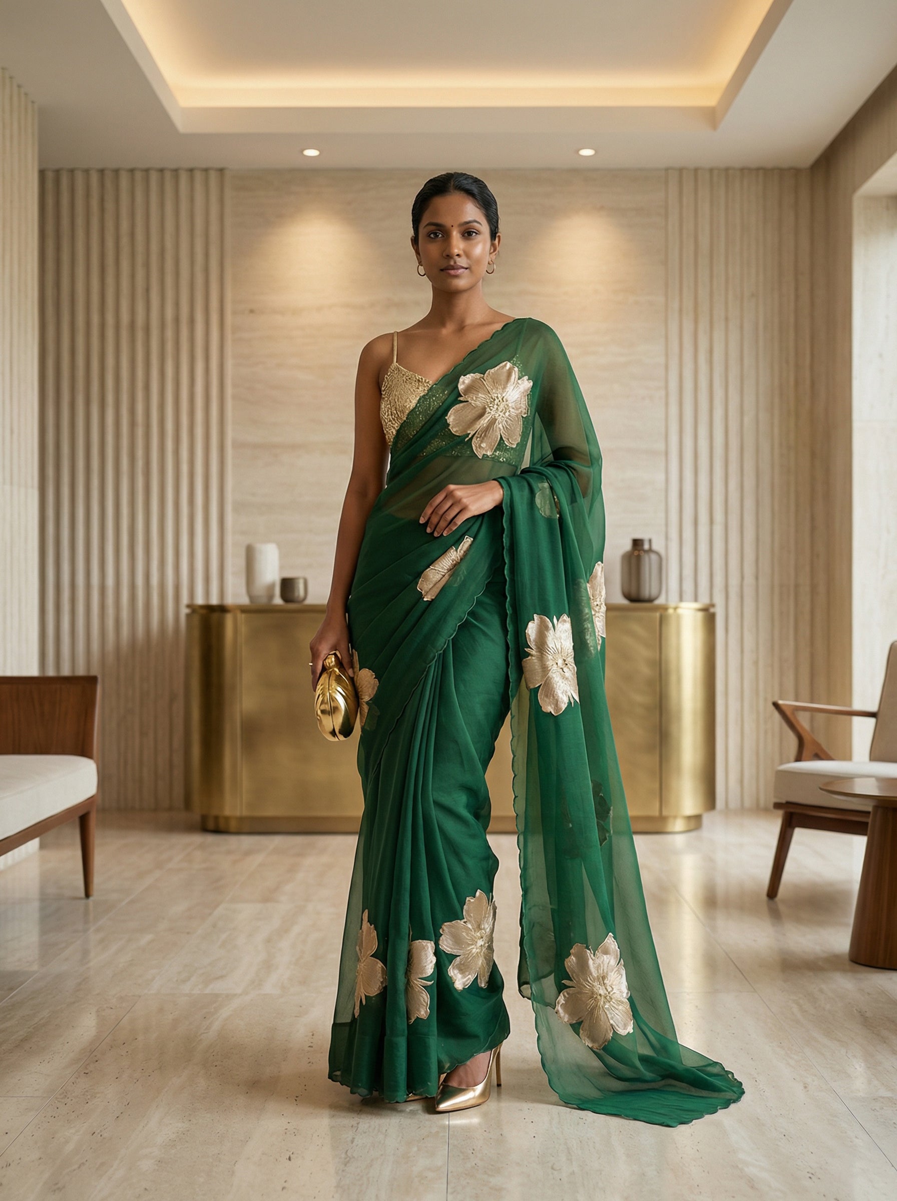 Organza Emerald Green Gold Floral Pattern Designer Saree
