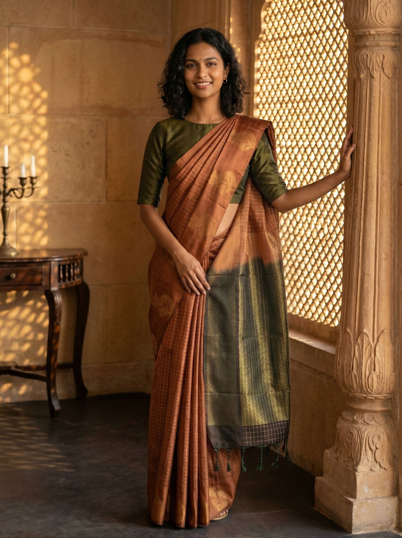 Woman in a traditional saree standing in a room with architectural elements