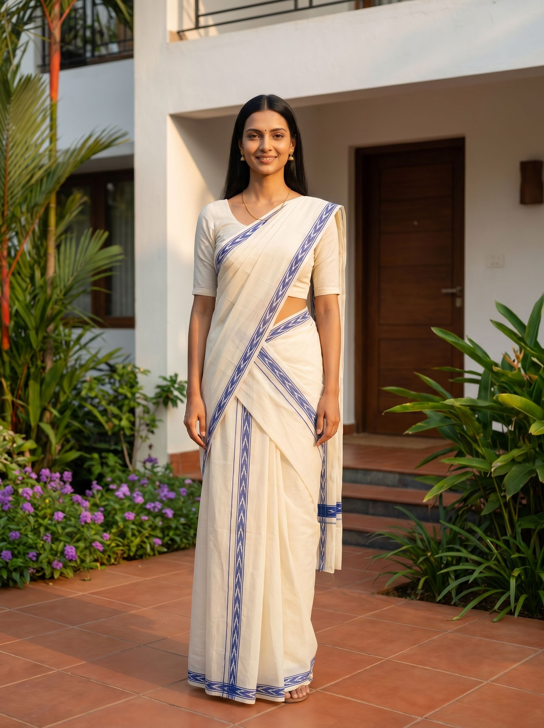 Woman in a white saree with blue patterns standing in front of a building with plants around.