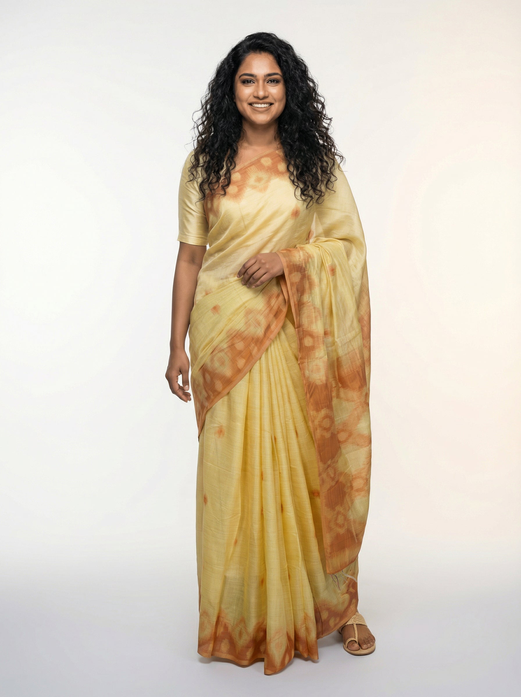 Art Silk Elegant California Peach Saree with Contemporary Ikat Pattern
