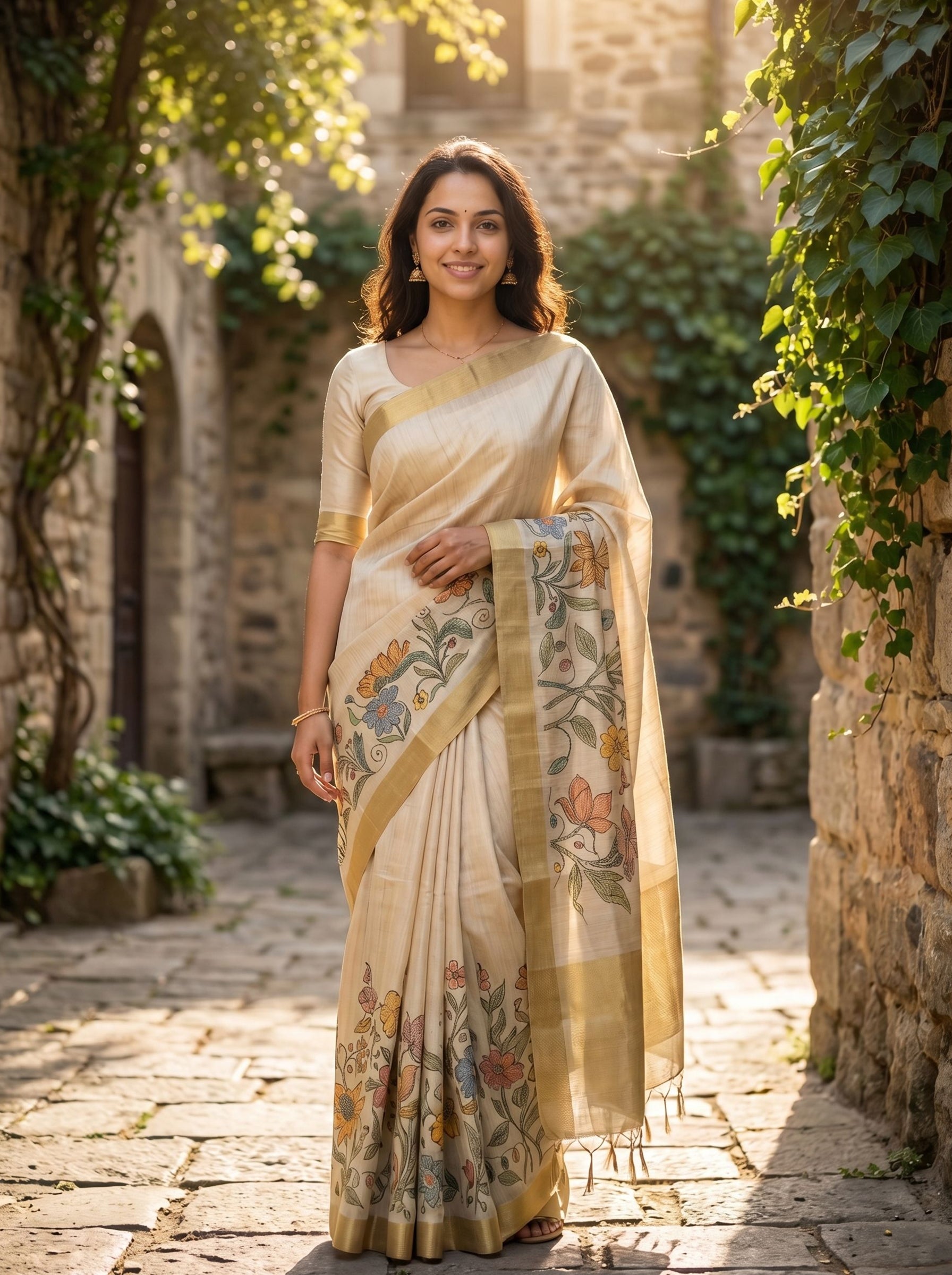 Semi Tussar Cream Saree with Handcrafted Floral Design