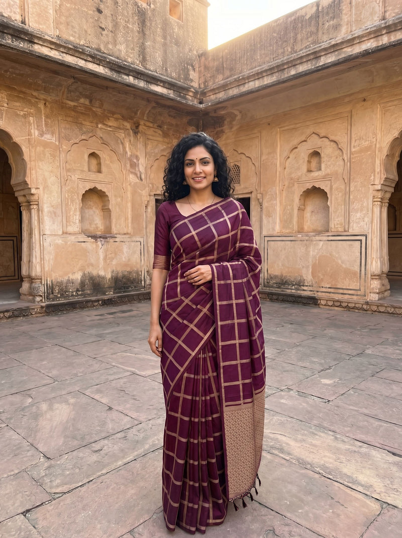 Woman in a purple saree standing in an architectural courtyard