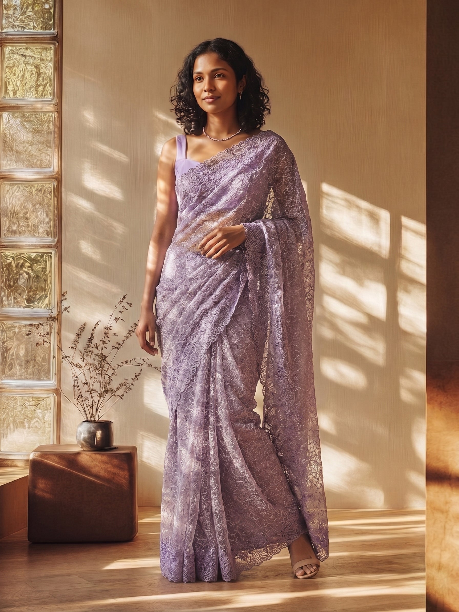 Woman in a lavender saree standing in a room with sunlight filtering through a glass wall.