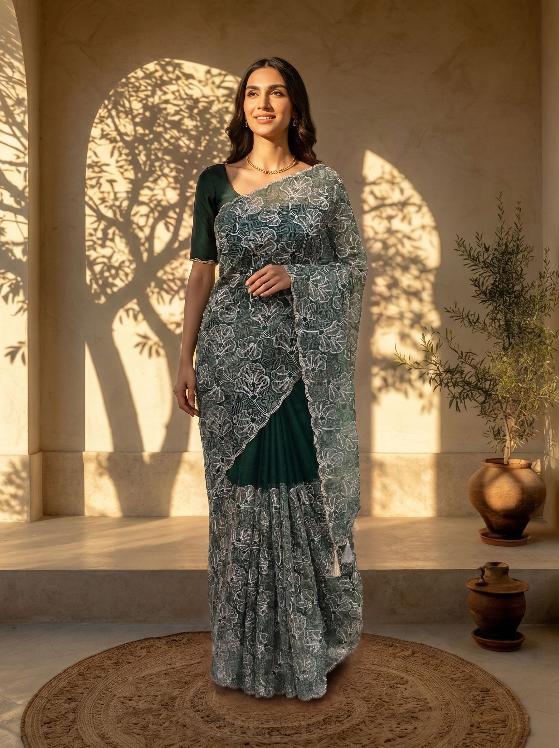 Woman in a traditional saree standing in a sunlit room with arched windows.