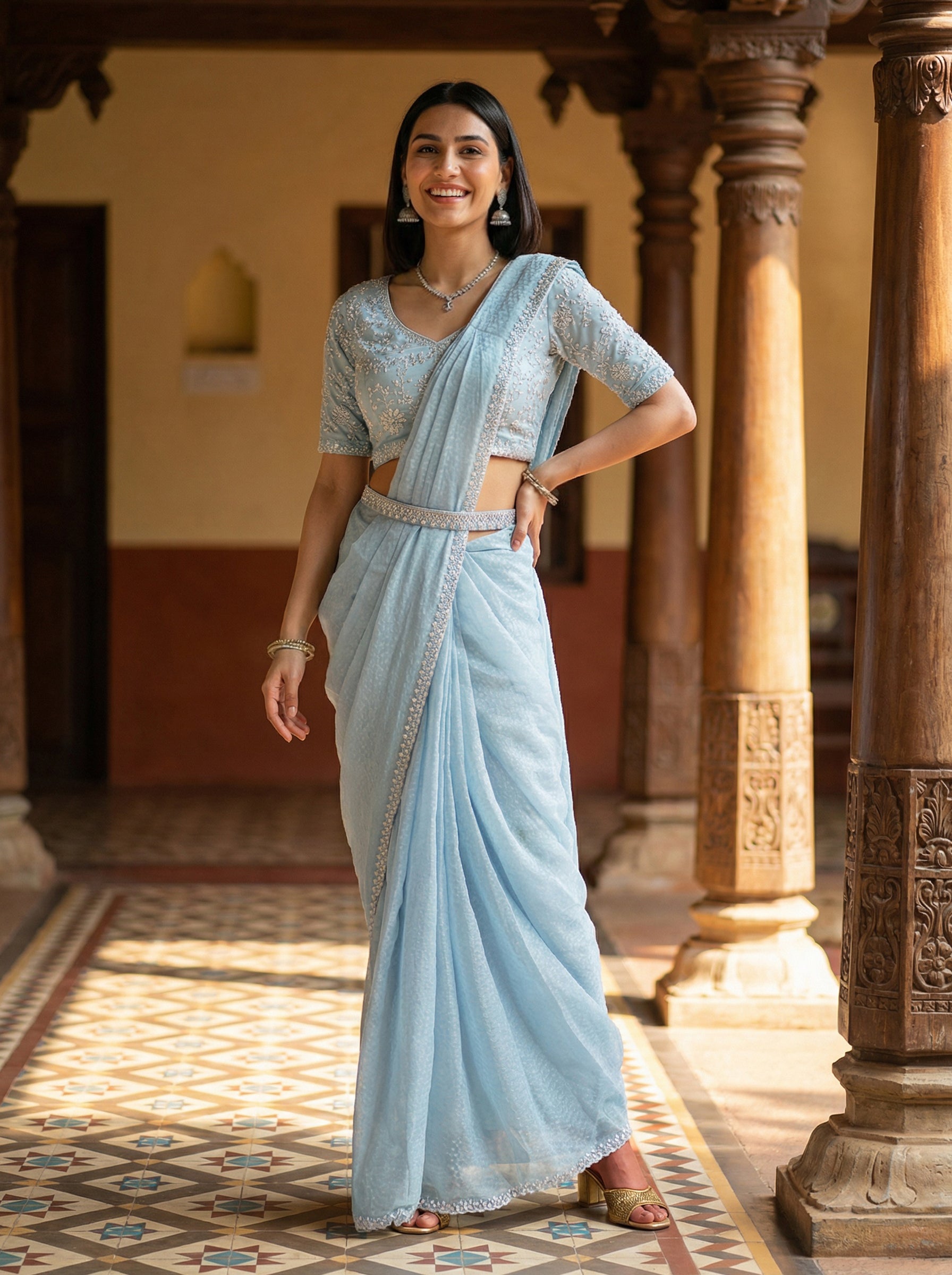 Satin Sky Blue Festive Ready to Wear Stone Saree with Stylish Blouse