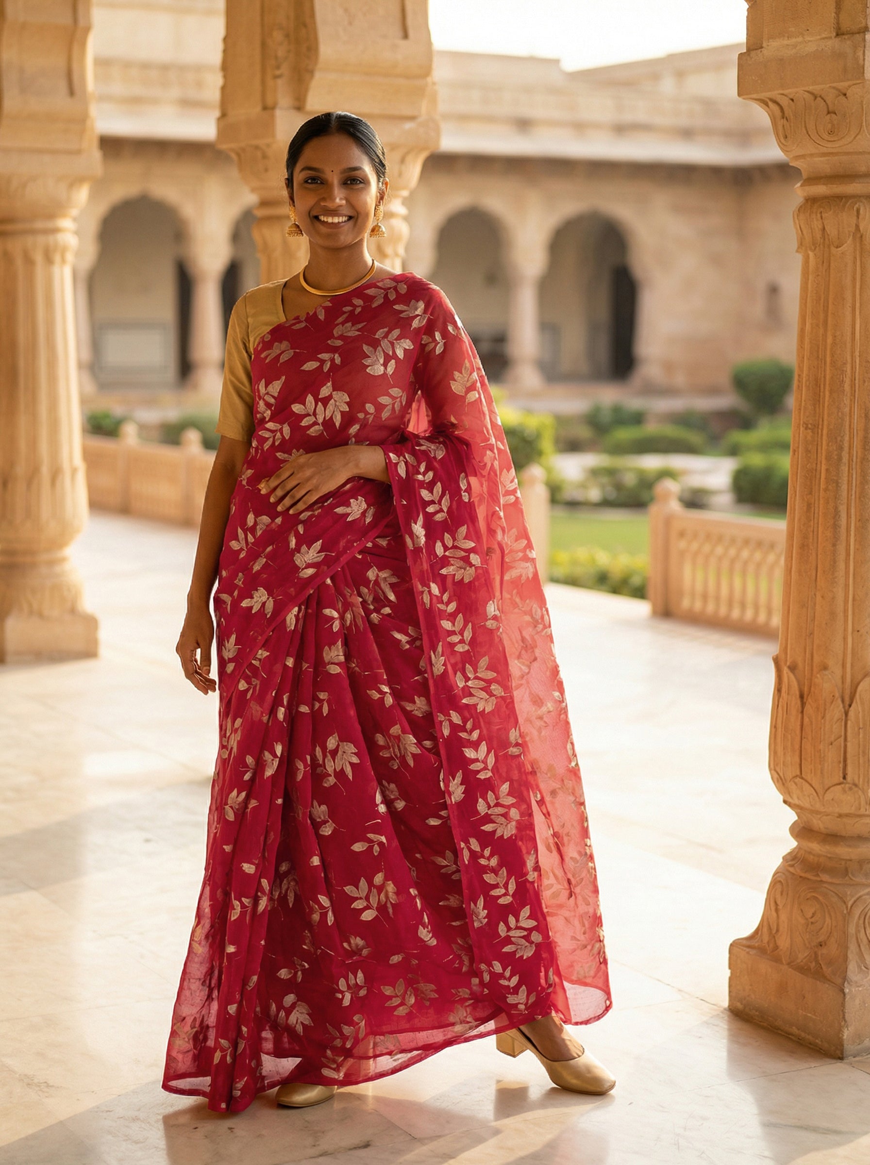 Synthetic Pink Saree with Stylish Botanical Motifs