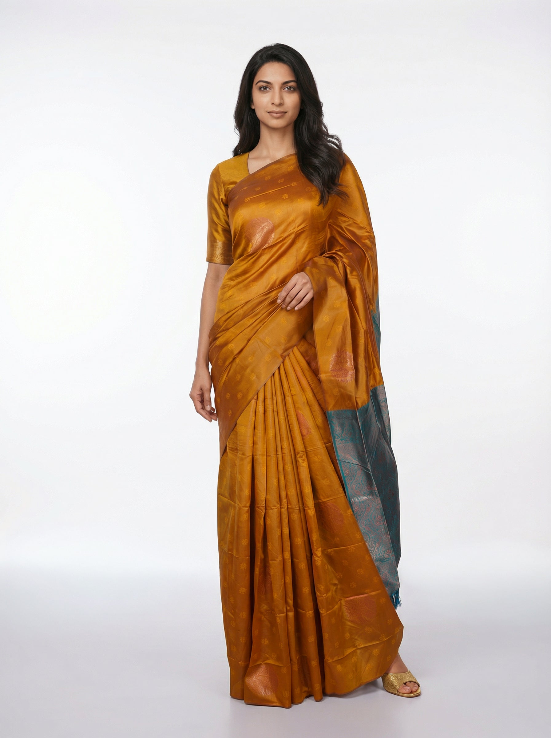 Semi Silk Mustard Yellow Saree with Peacock Blue Self Floral Motif Blouse
