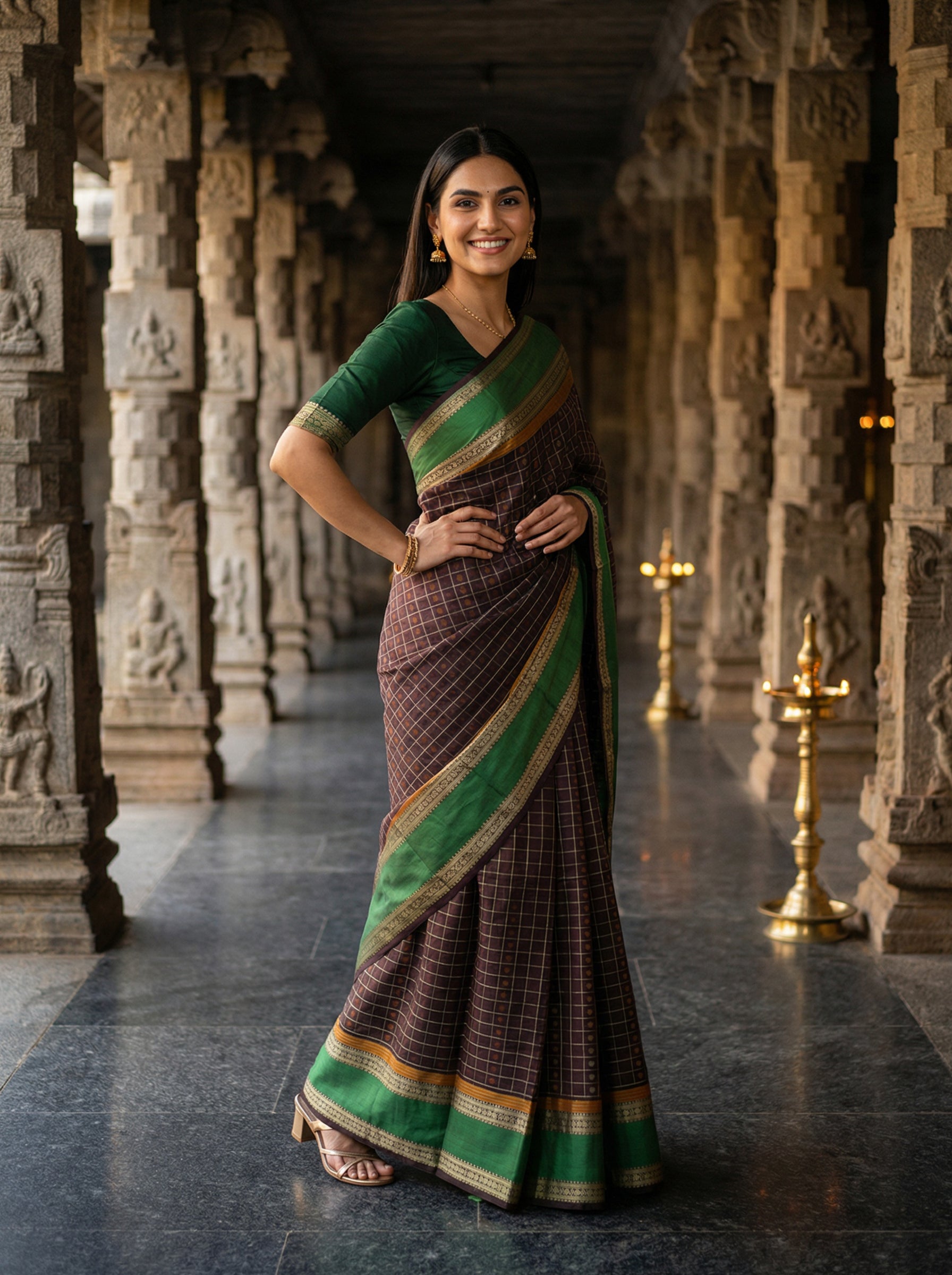 Cotton Silk Chocolate Brown Checked Saree with Zari Border