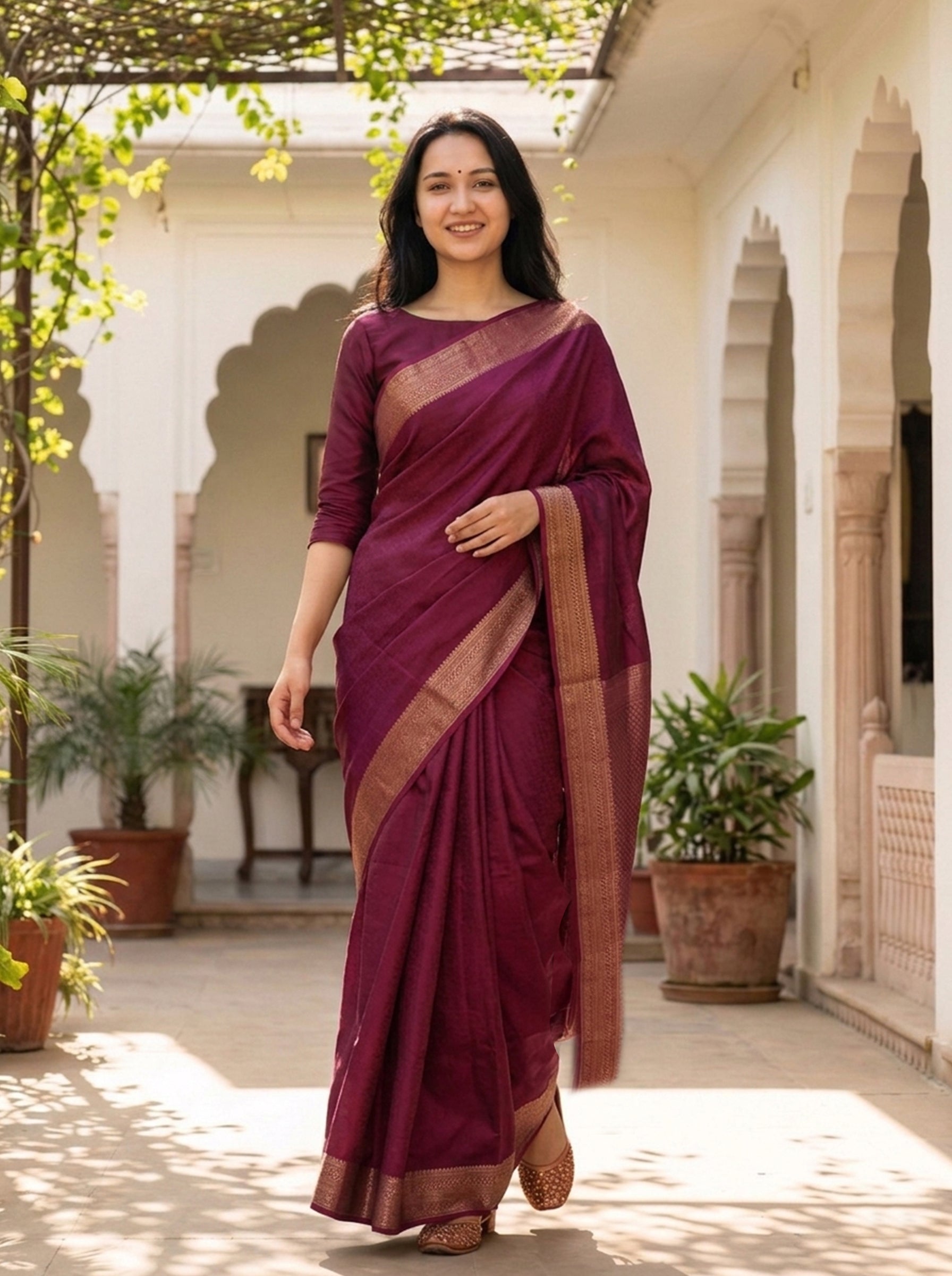 Woman in a purple saree standing in an outdoor setting with plants and architectural elements.