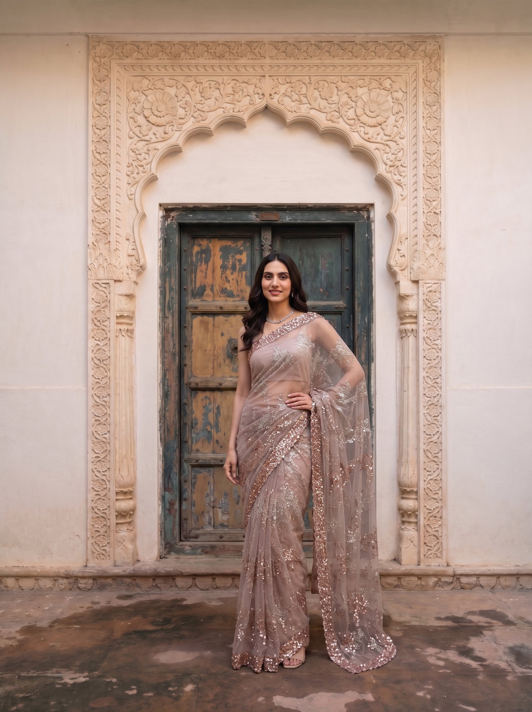 Woman in a saree standing in front of an ornate door and wall.