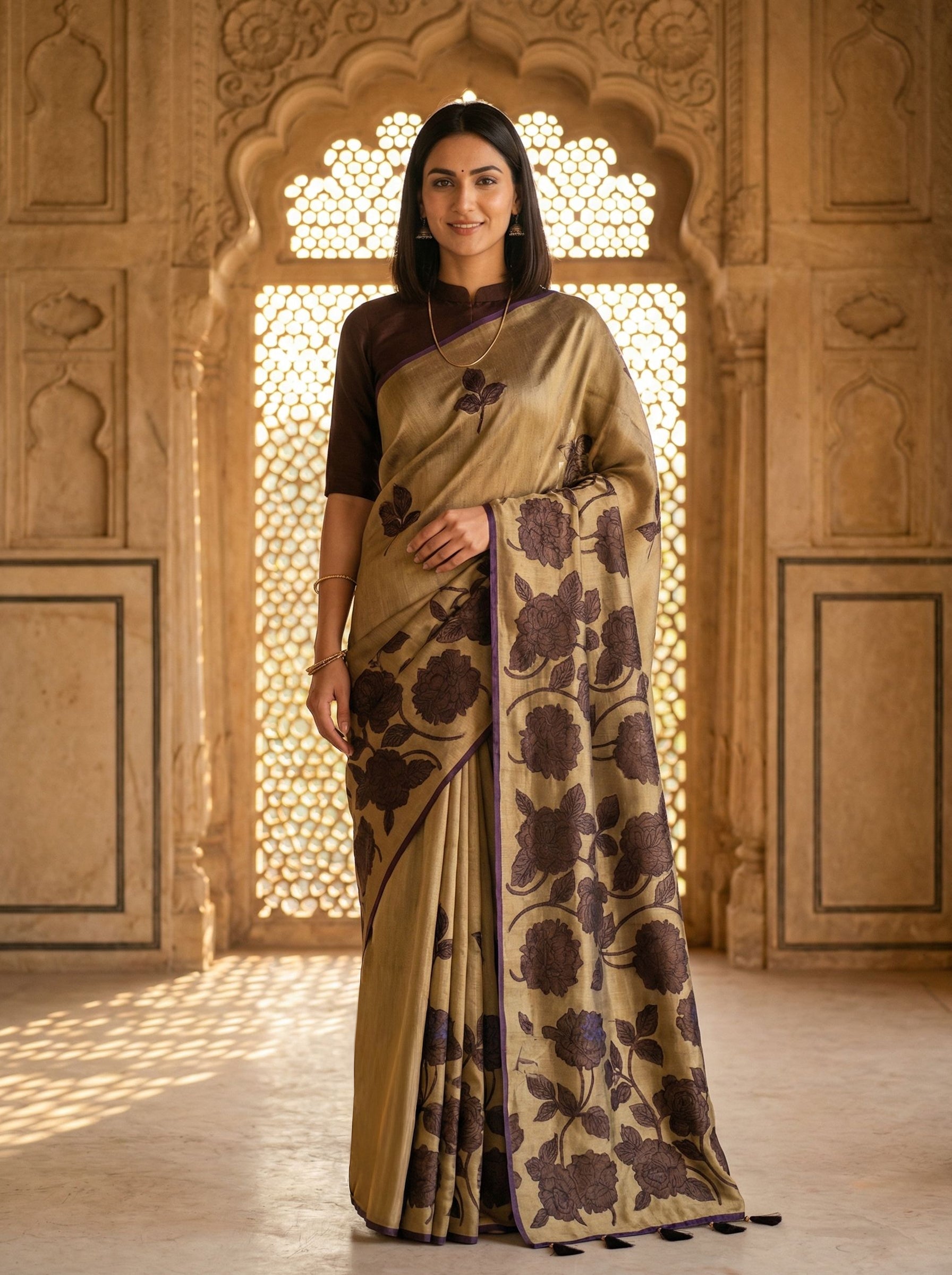 Woman wearing a traditional saree in an ornate architectural setting