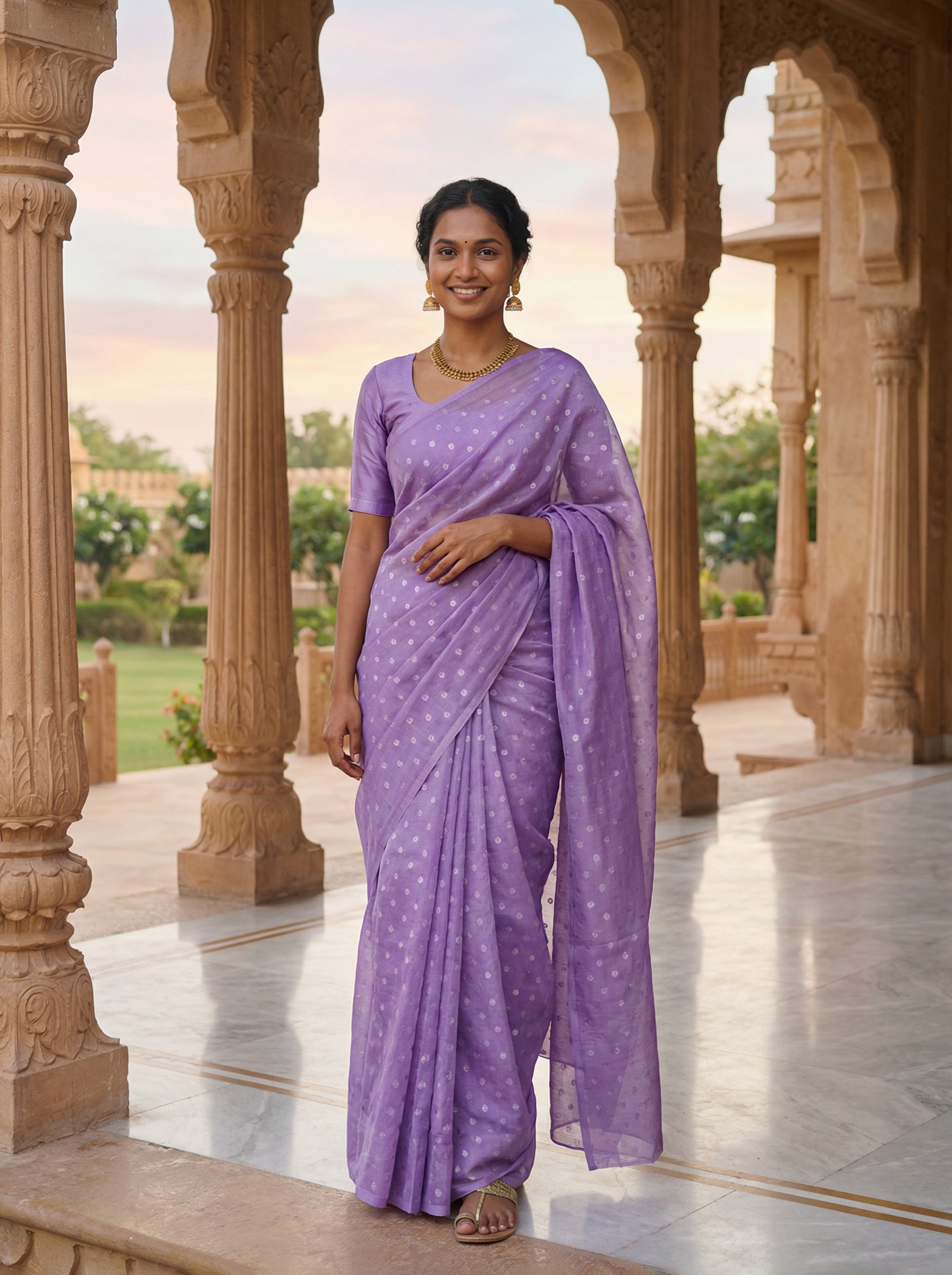 Synthetic Lavender Saree with Elegant Dot Motifs