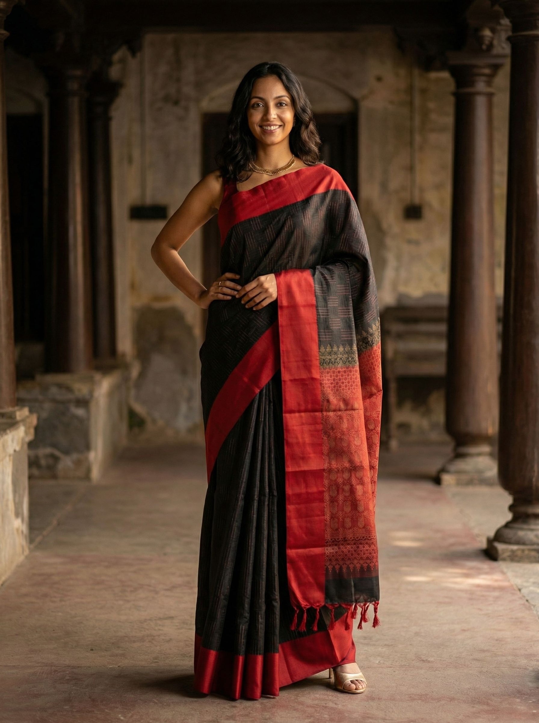 Kanjivaram silk Black and Red Ikat Weave Saree with Tassels