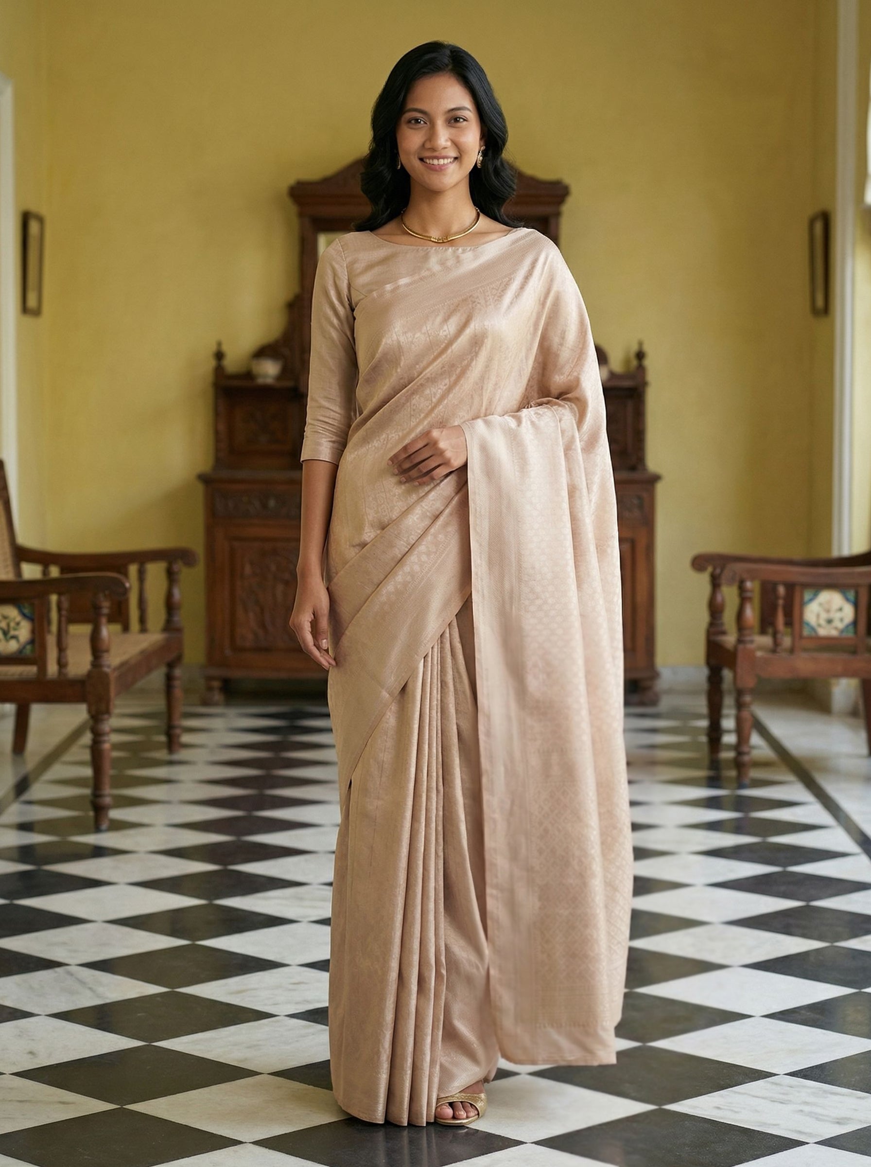Kanjivarm Pure Silk Champagne Gold Self-Design Saree