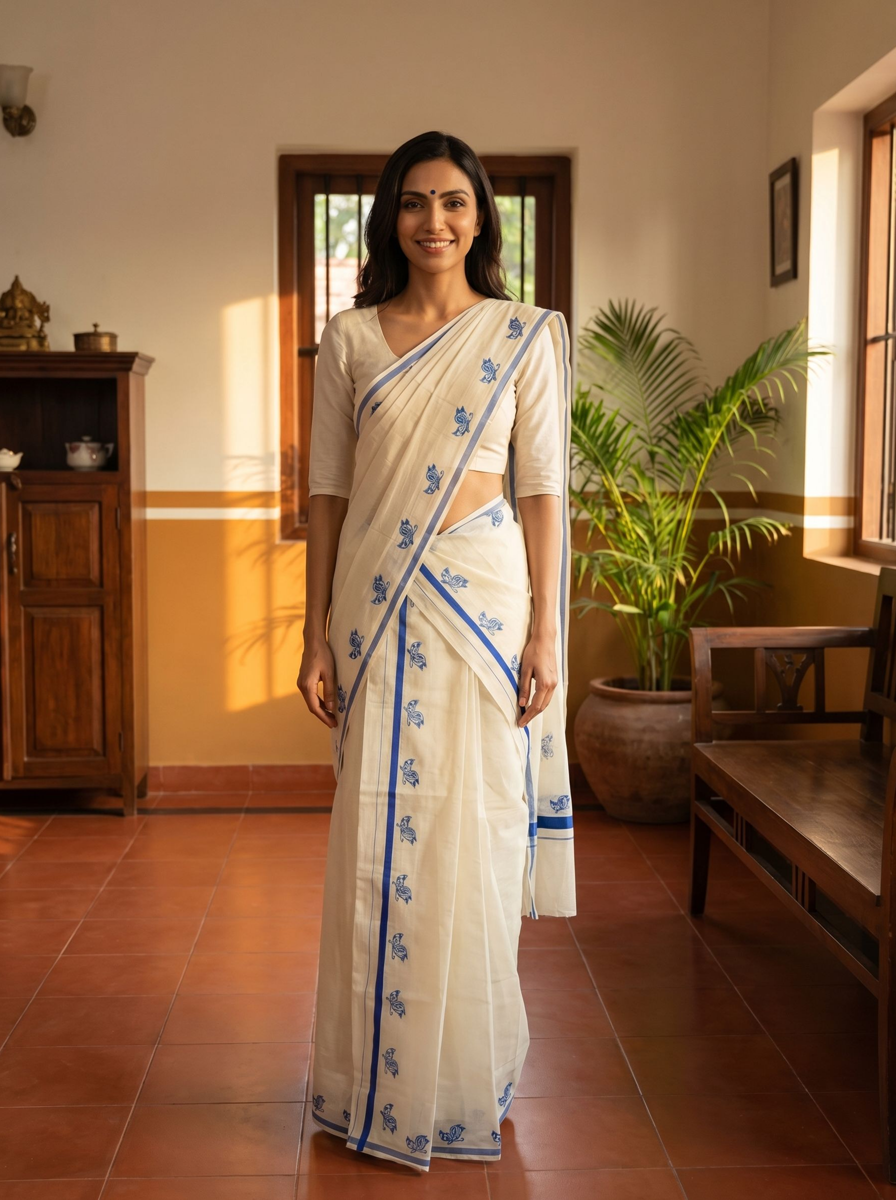 Woman in a white saree with blue patterns standing in a room with wooden furniture and a plant.