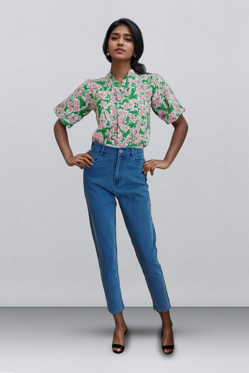 Green Color Crape Top With Floral Design