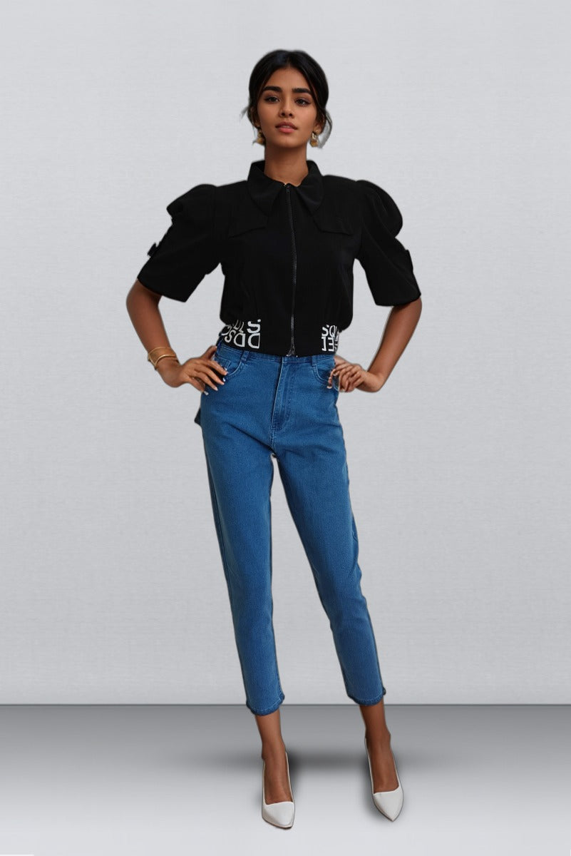 Black Color Banyan Top With White Alphabet Printed Design