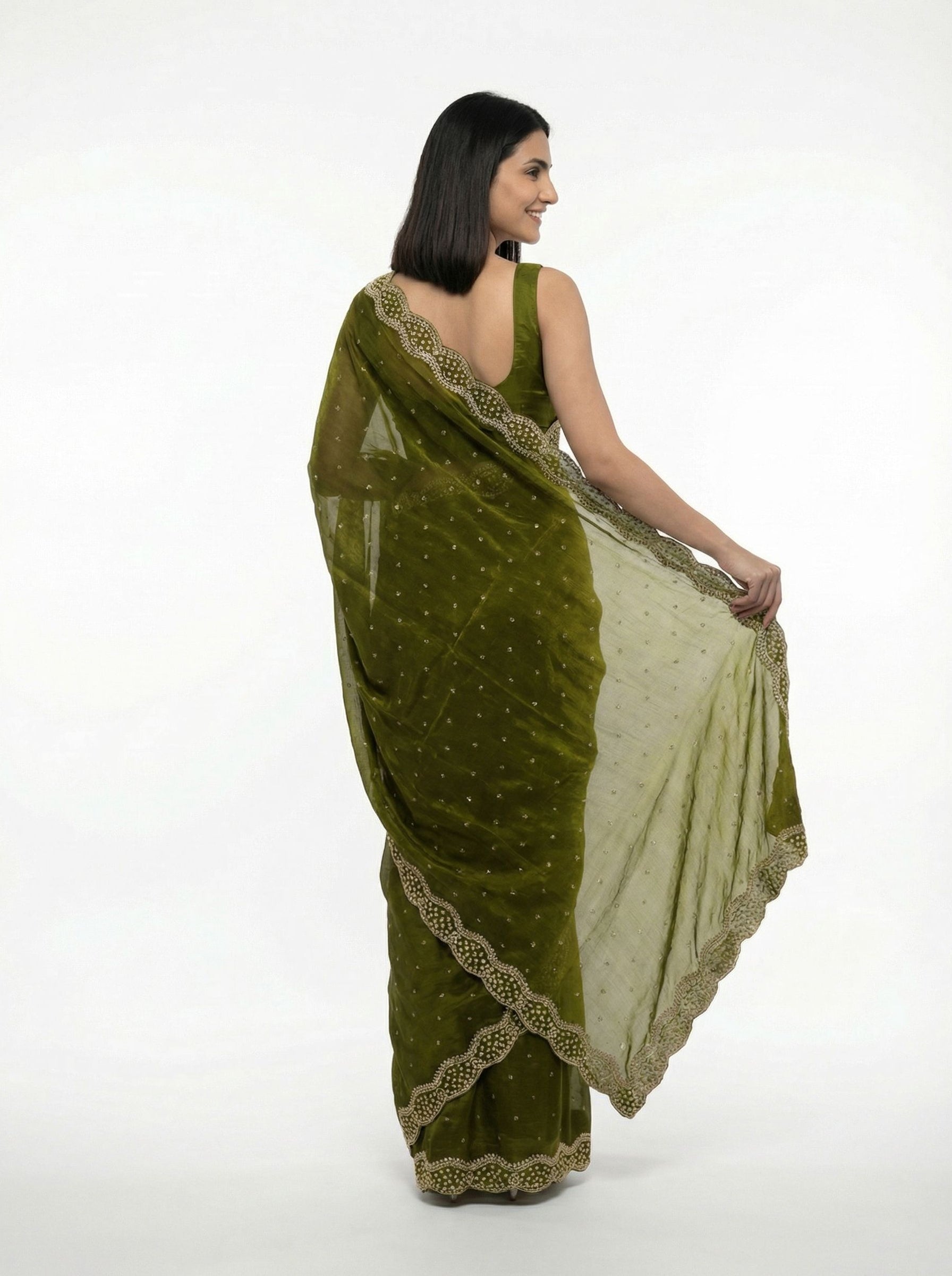 Organza Olive Green Small Stone Scalloped Border Designer Saree