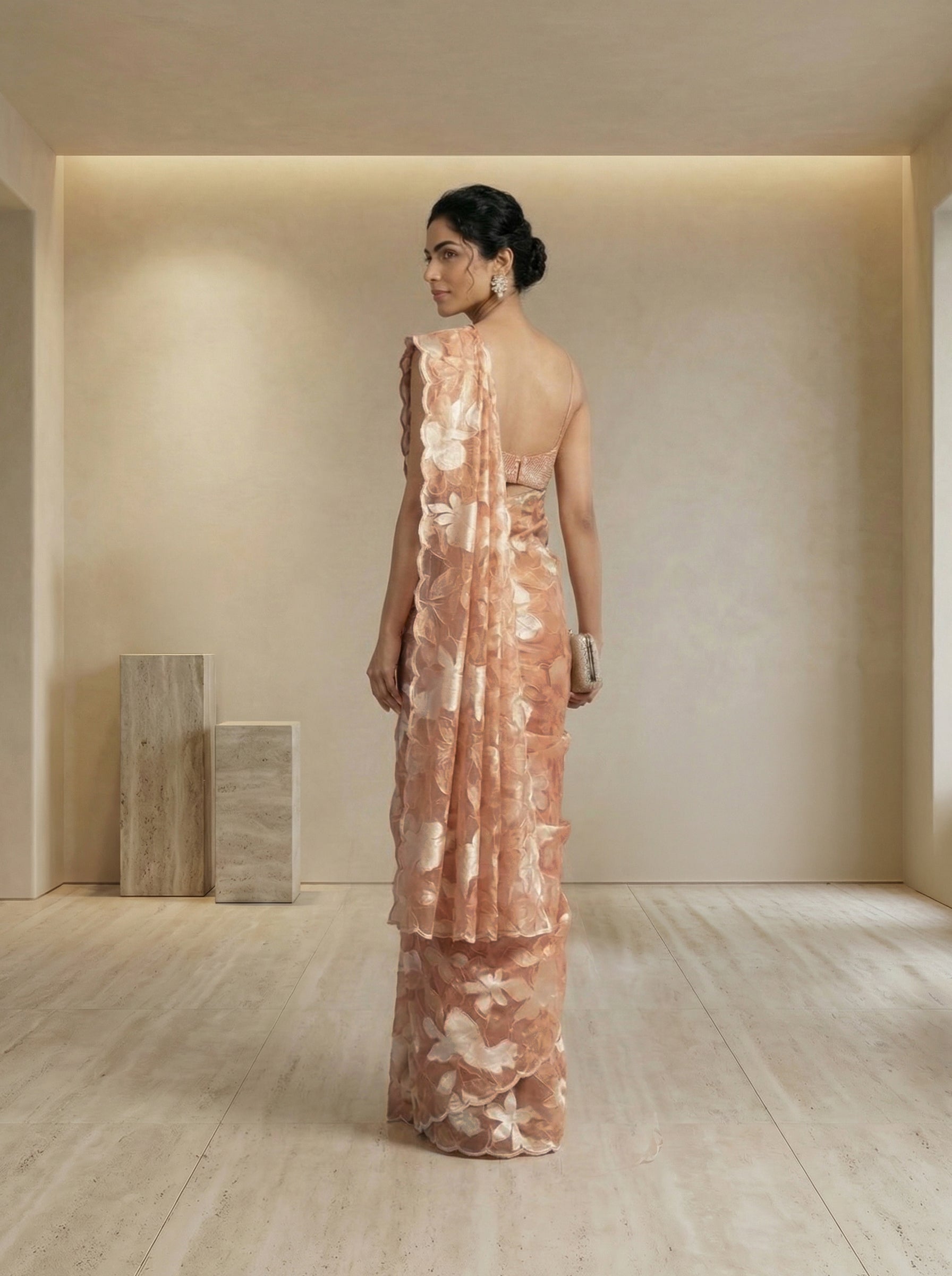 Organza Nude Peach Floral Pattern Designer Saree