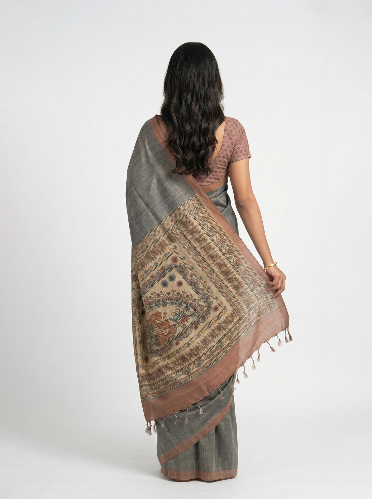 Chanderi  Grey Traditional Border Stripe Saree