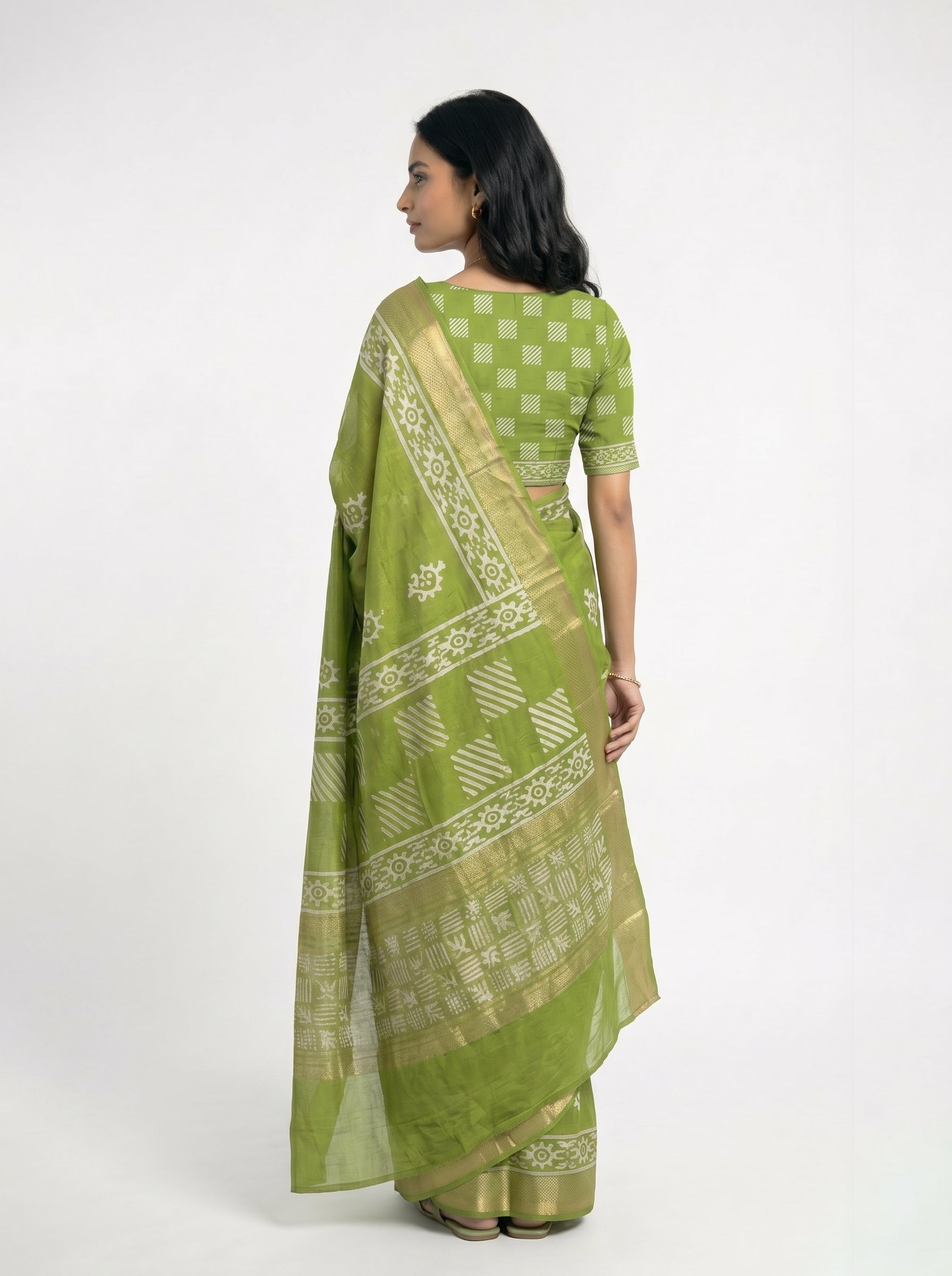 Chanderi Cotton Green Block Printed Saree
