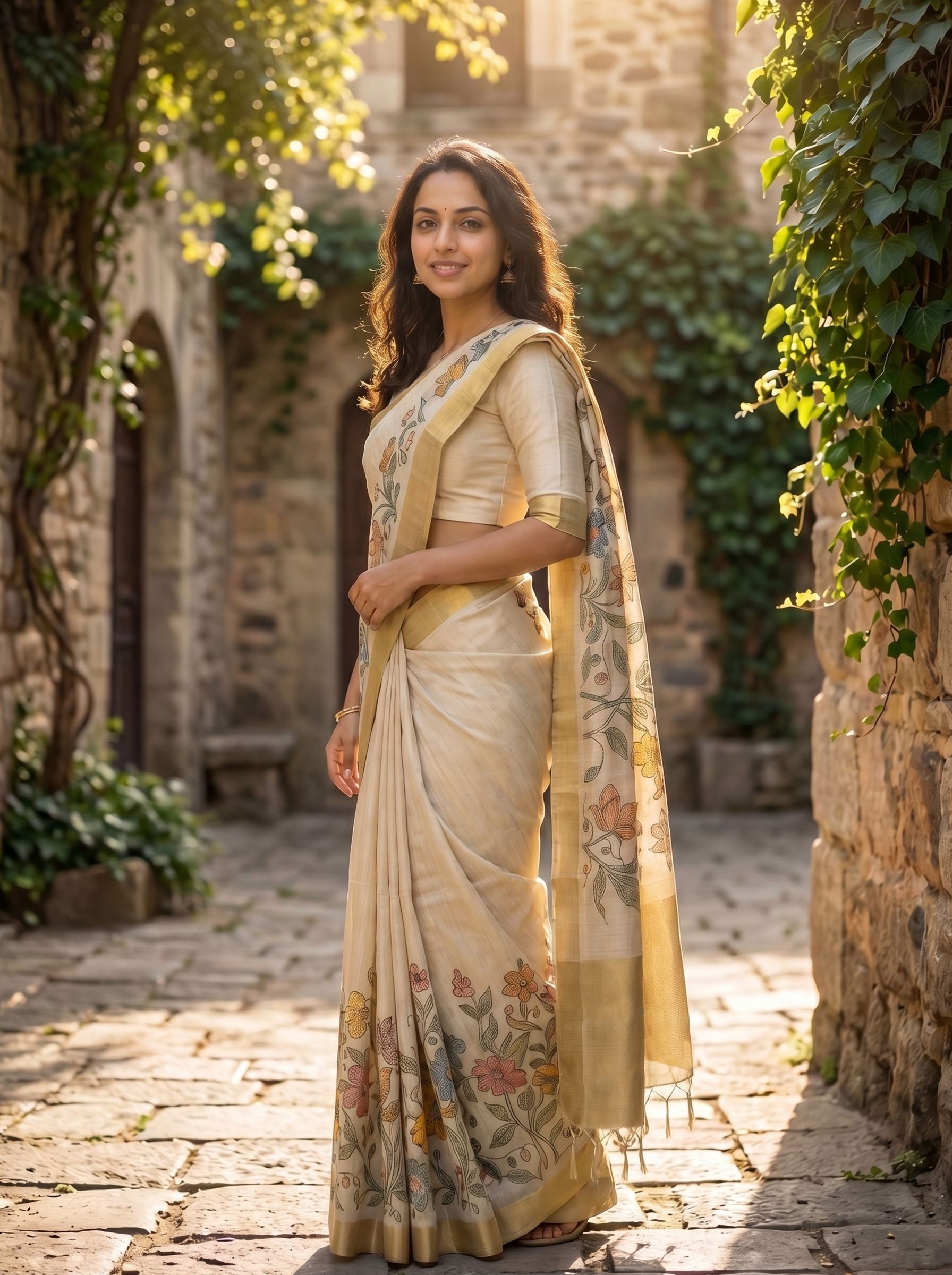 Semi Tussar Cream Saree with Handcrafted Floral Design