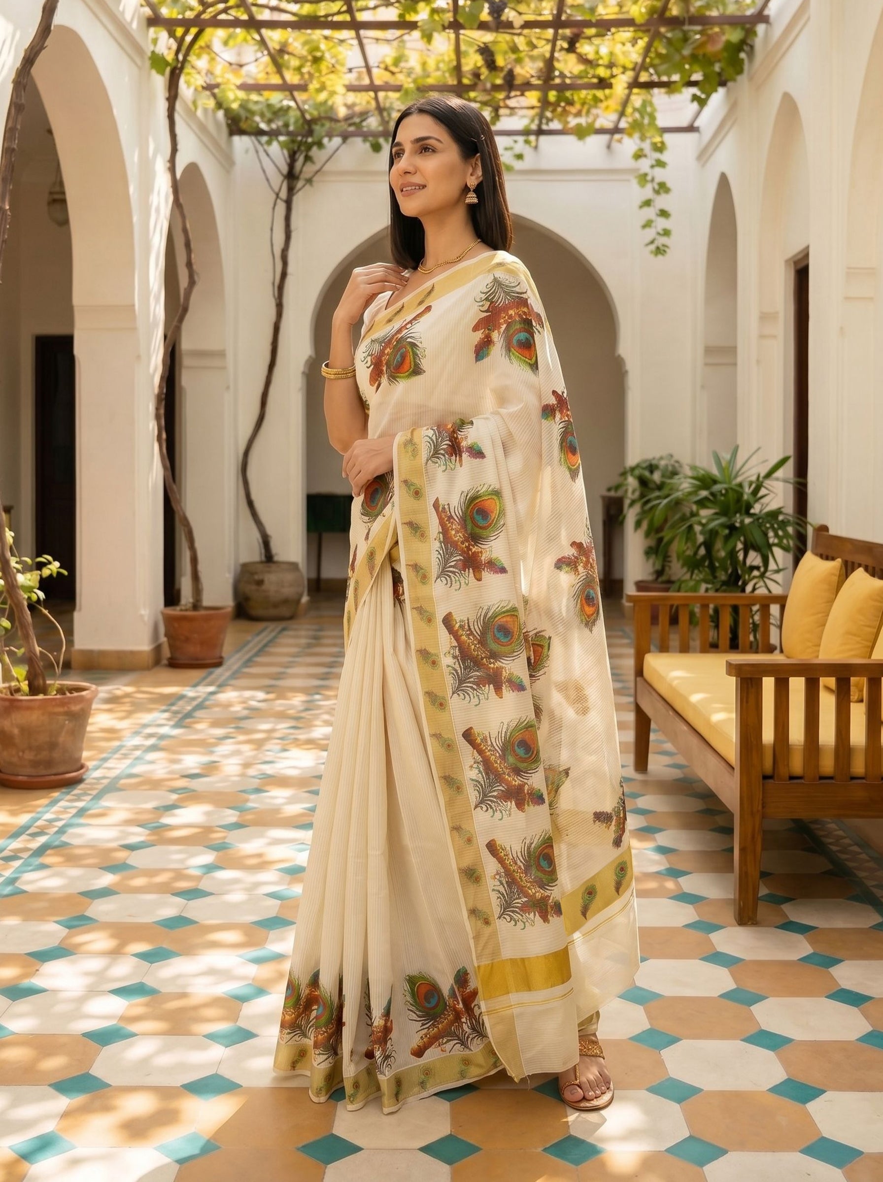 Cotton Wheat Cream Traditional Folk Bird Pattern Set Saree
