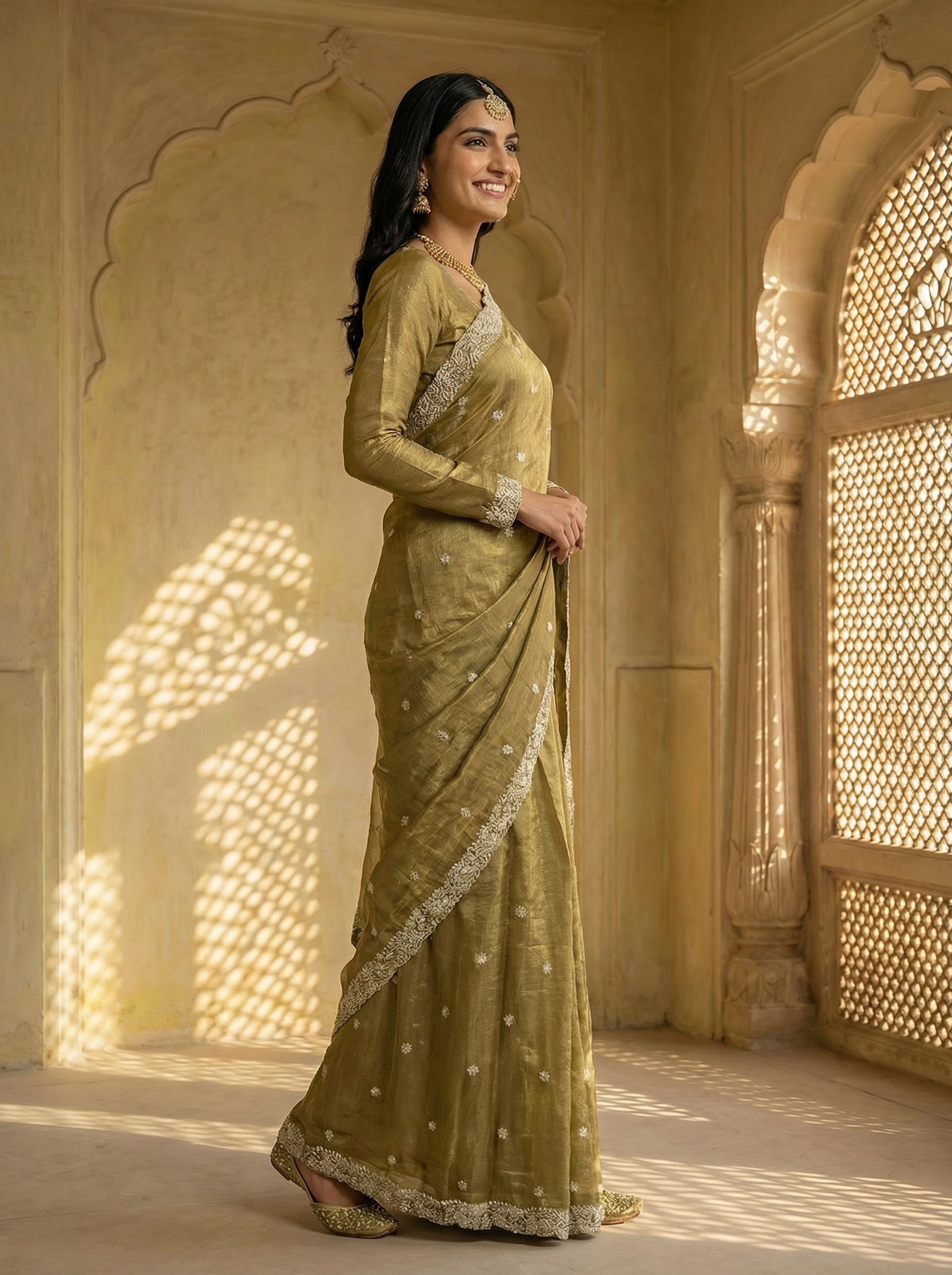 Velvet Embroidery Golden Saree