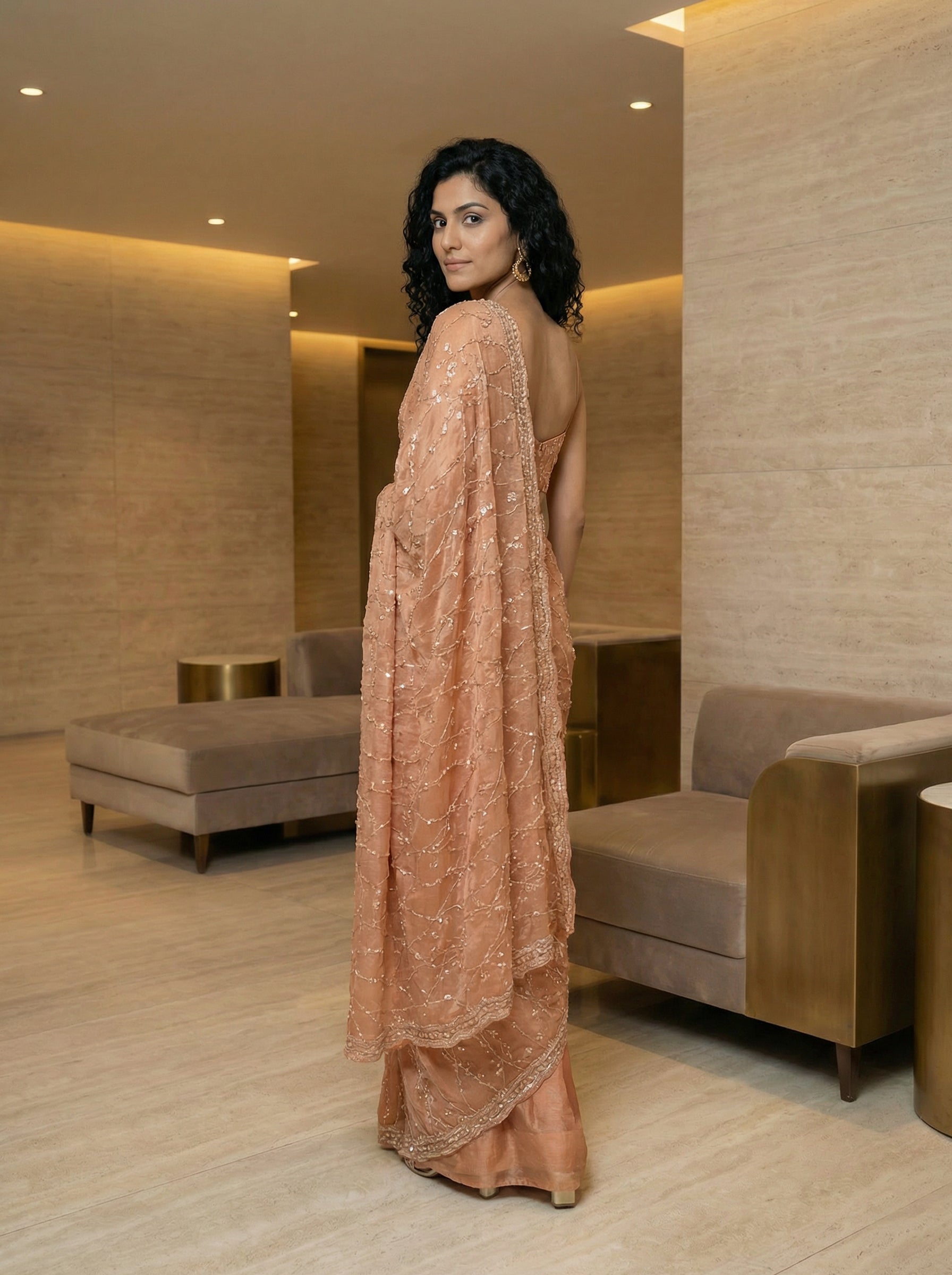 Organza Peach Sequin Pattern Designer Saree