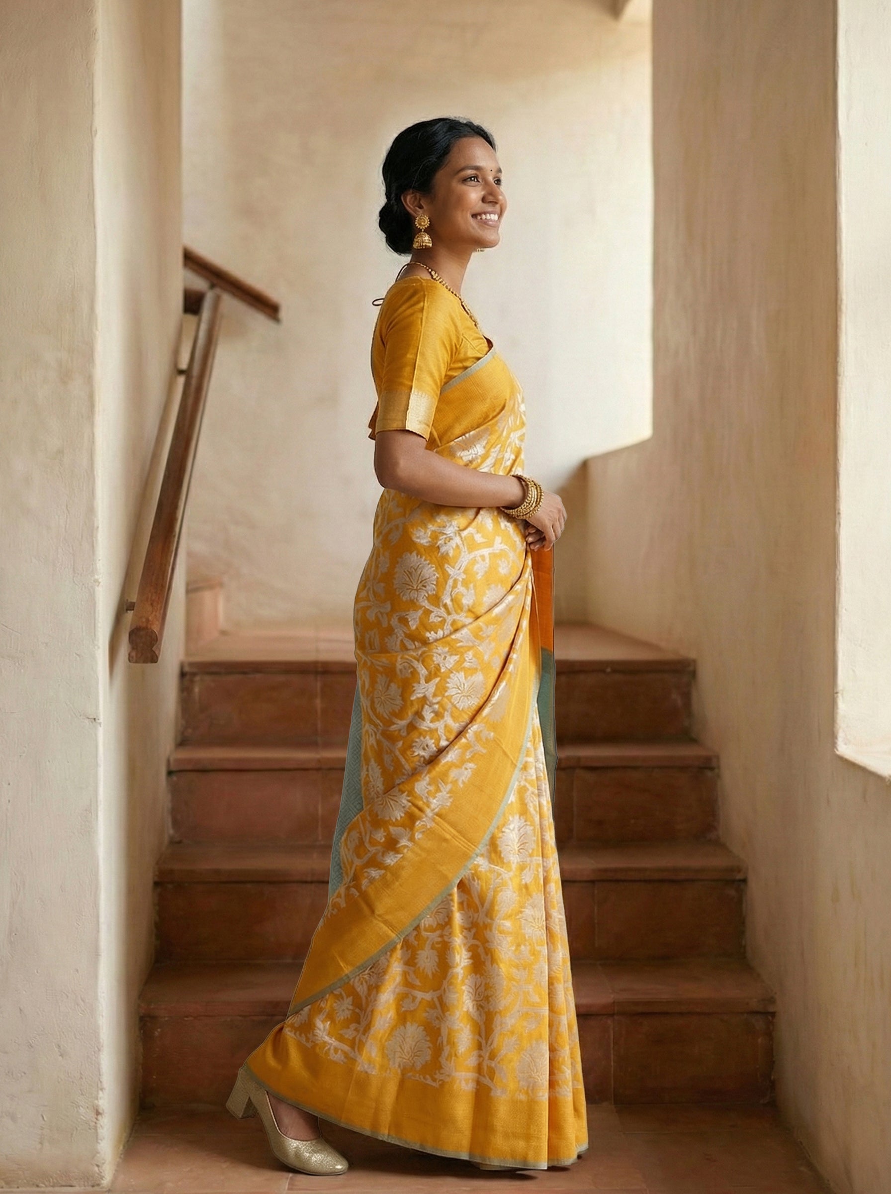 Synthetic Mustard Yellow Floral Pattern Saree with Elegant Border