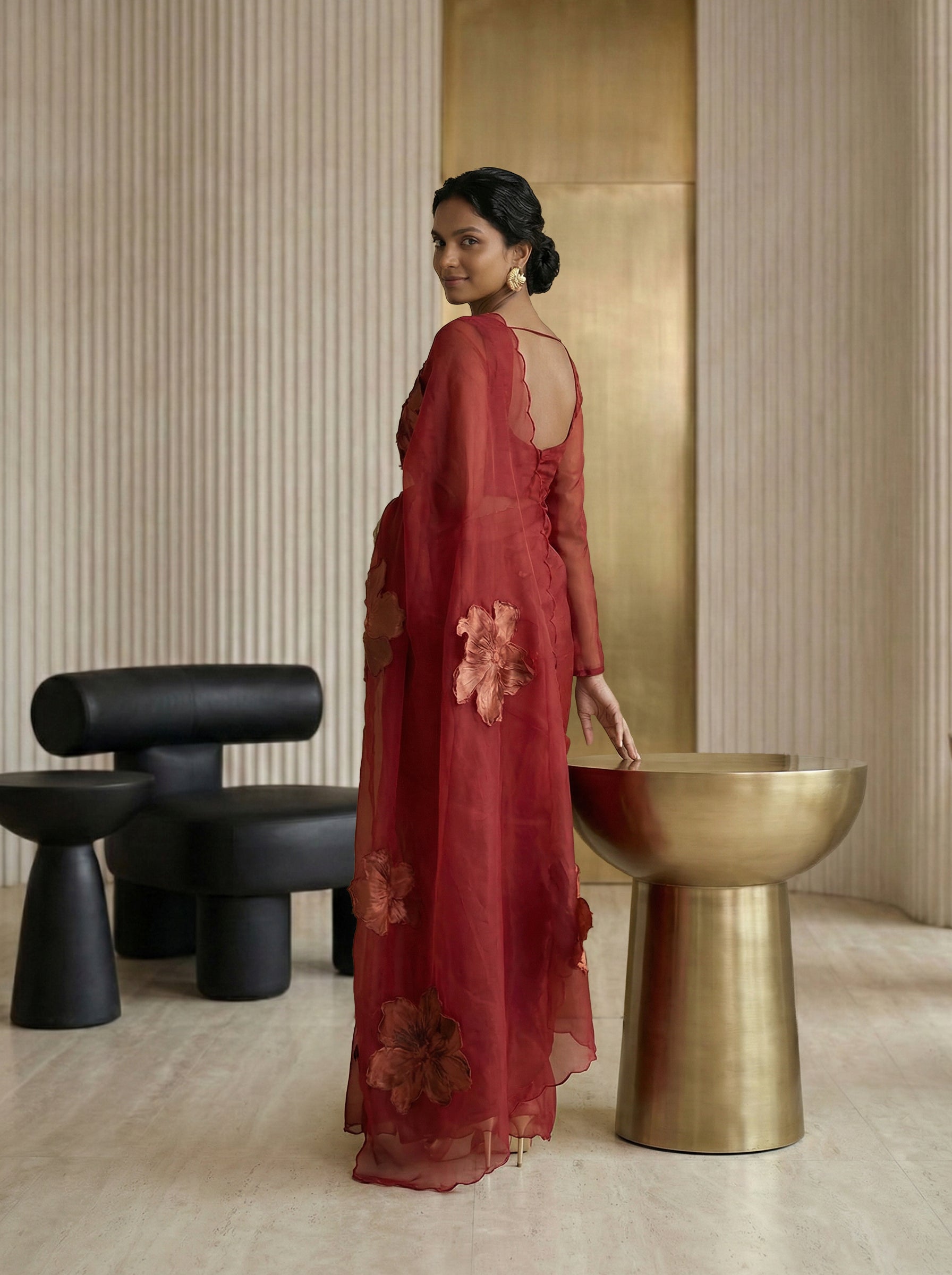 Organza Red Floral Motif Designer Saree