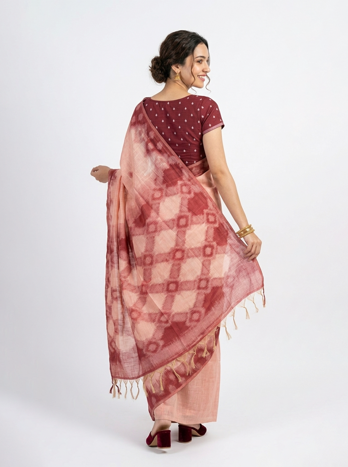 Semi Linen Peach Pink Tie-Dye Saree