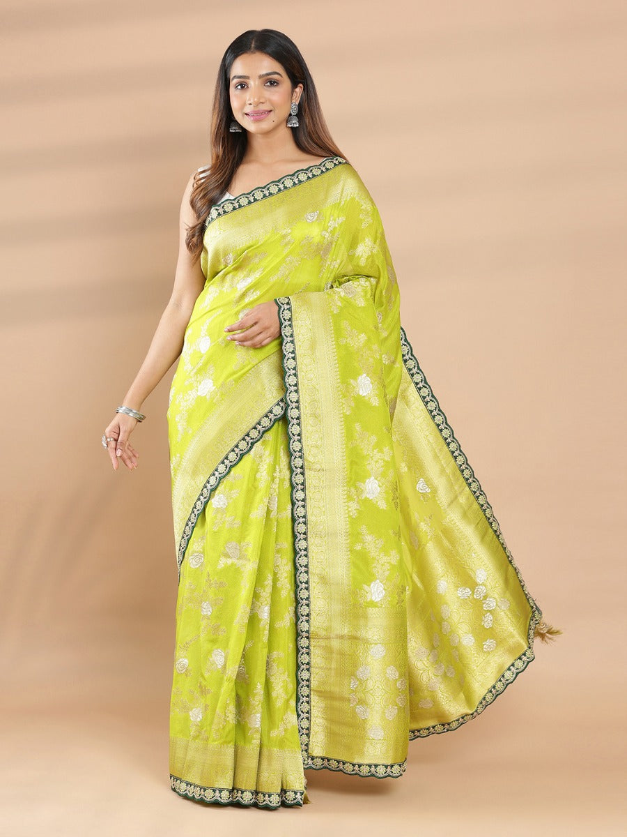 Pear Green Color Viscose Rayon Banarasi Saree With Zari Work Design & Dark Green Border