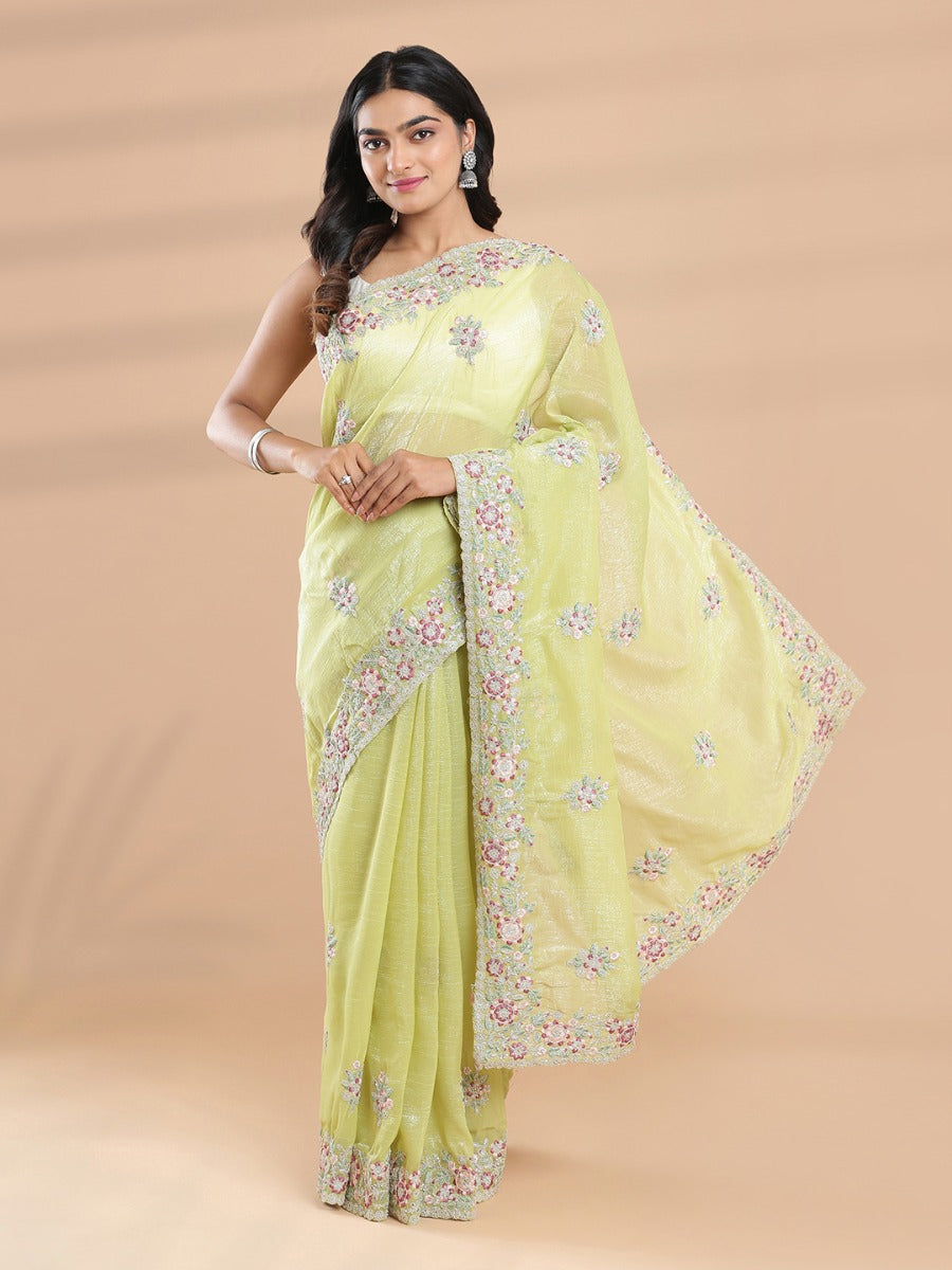 Light Parrot Green Color Crushed Chiffon Saree With Thread Worked Floral Butta Design
