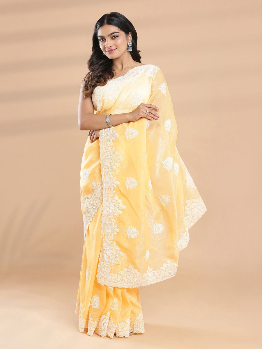 Yellow Color Crushed Organza Saree With Spreaded White Thread Butta Design