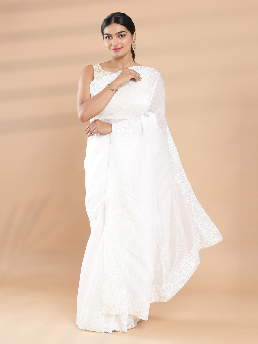 Off White Color Crushed Organza Plain Saree With Off White Color Embroidery Design On Border