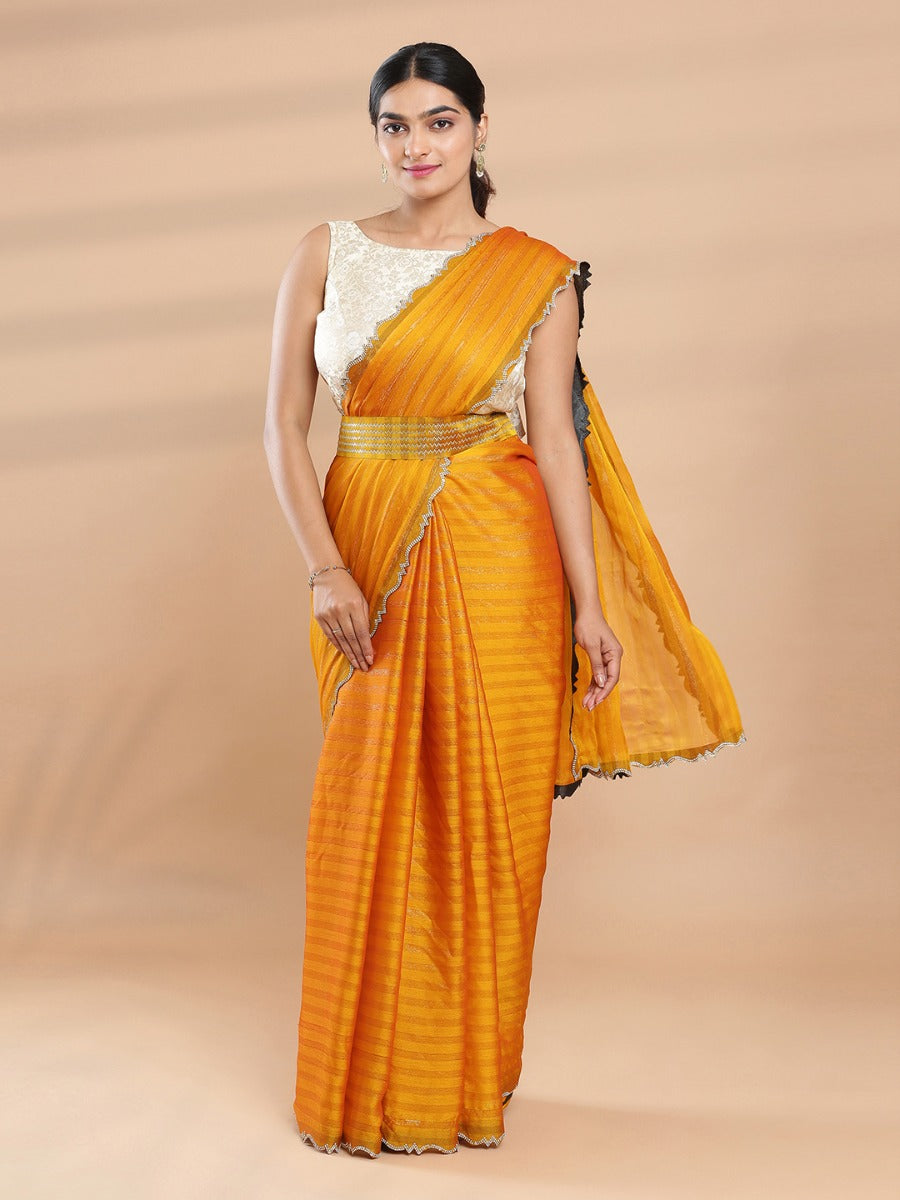 Mustard Yellow Color Shimmer Chiffon Striped Saree With Scalloped Stone worked Border & Belt