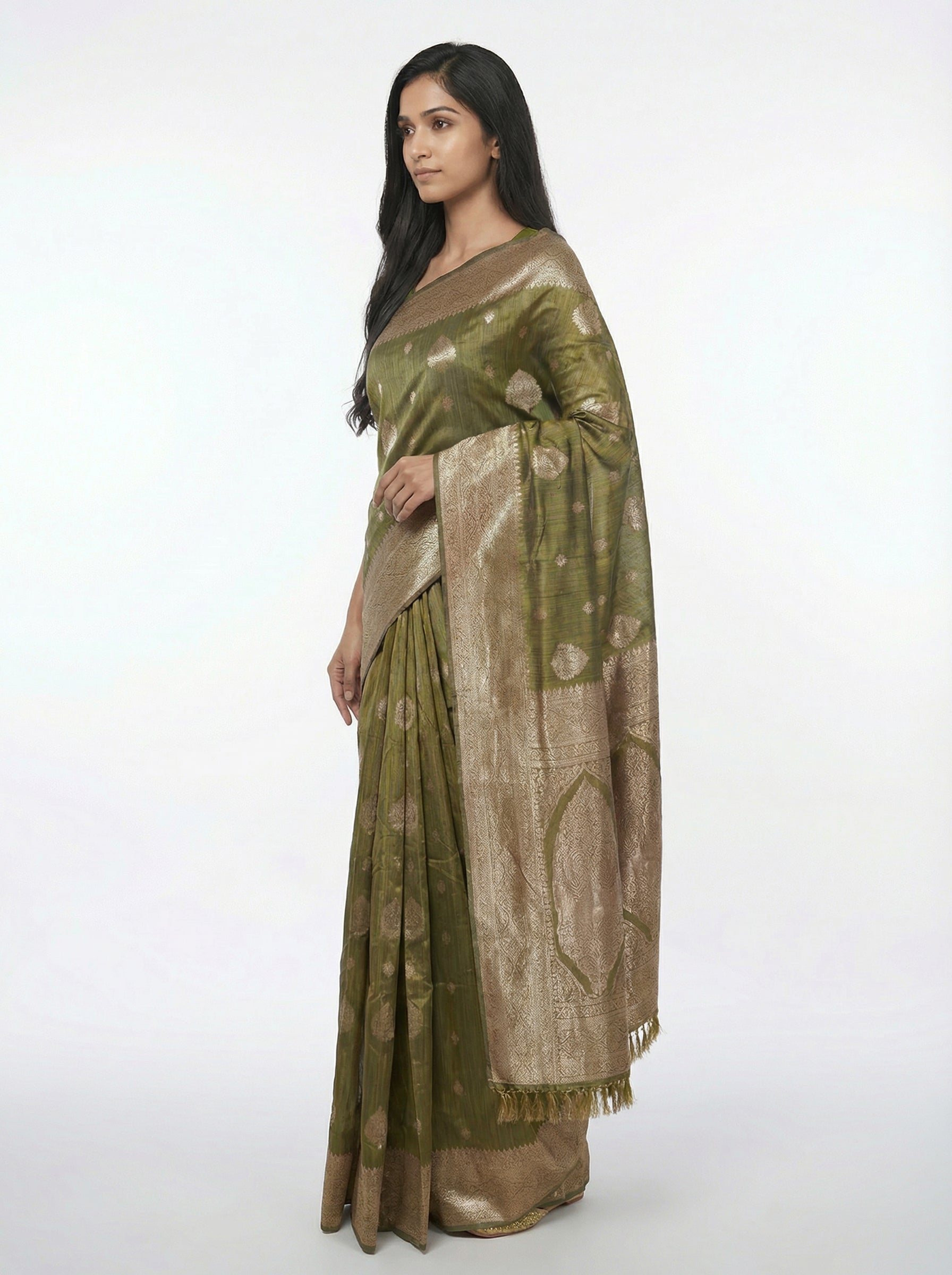 Semi Silk Women’s Caramel Saree with Spread Butta Motifs