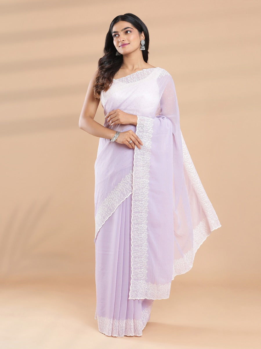 Pastel Lavender Color Georgette Saree With Mini Stone Work